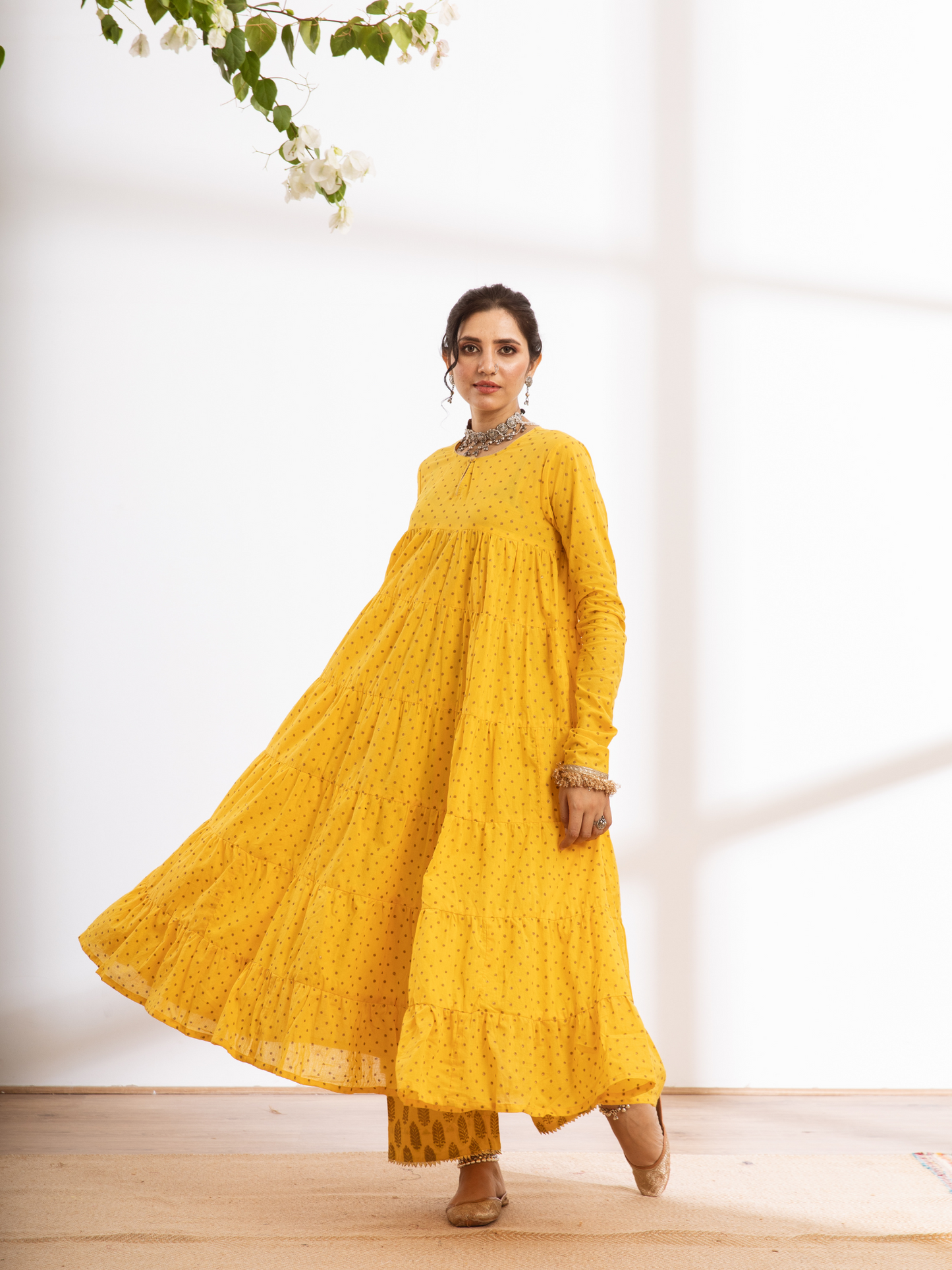 Yellow Hand Printed Cotton Kalidar Suit Set