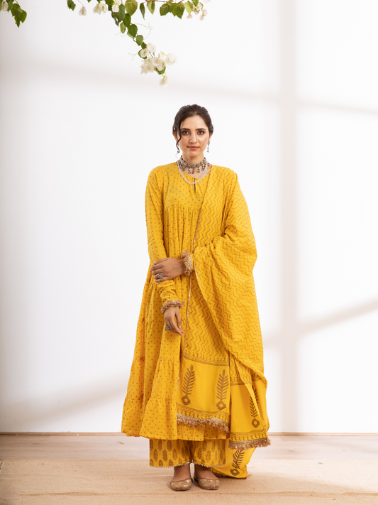 Yellow Hand Printed Cotton Kalidar Suit Set