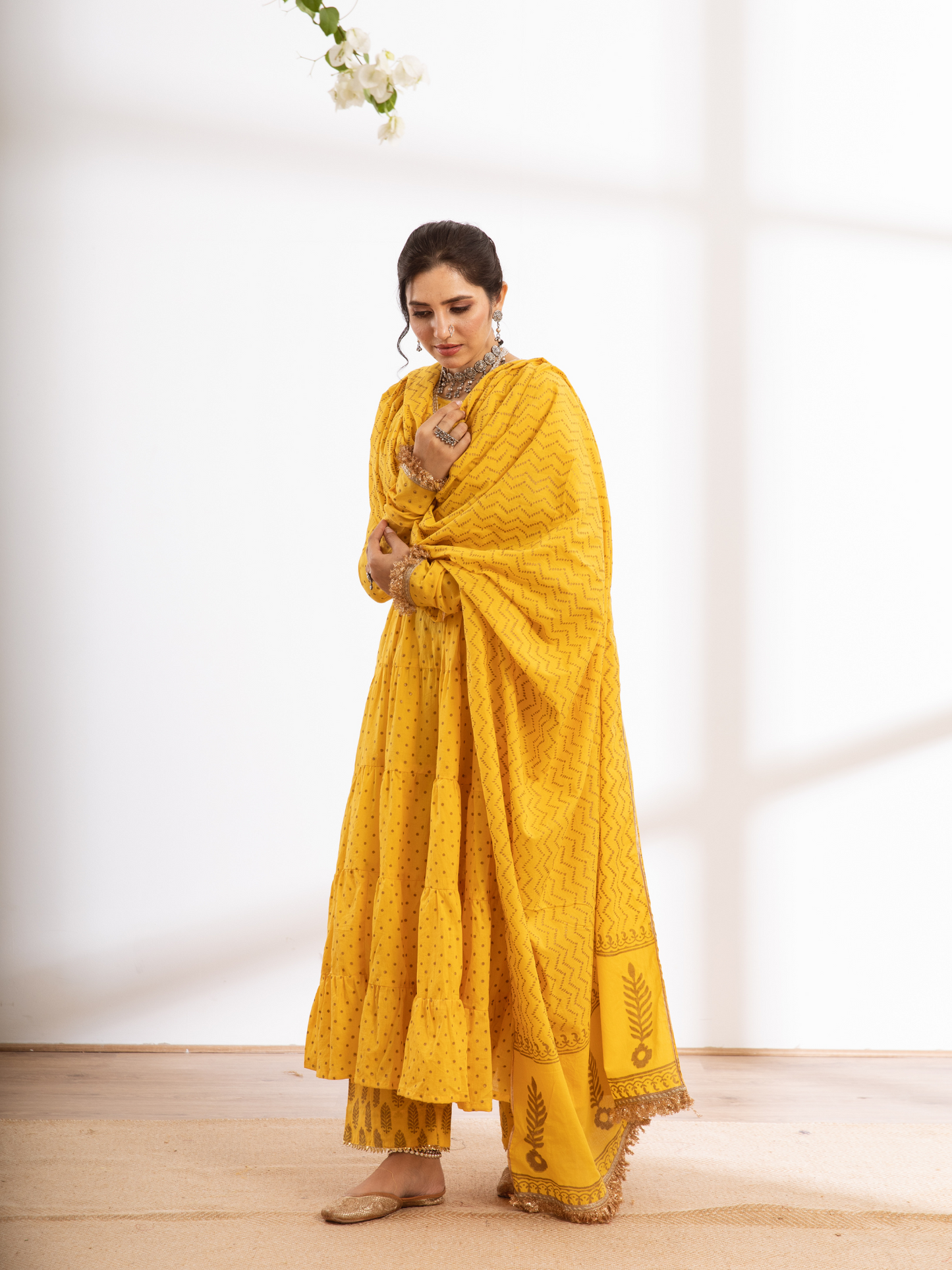 Yellow Hand Printed Cotton Kalidar Suit Set