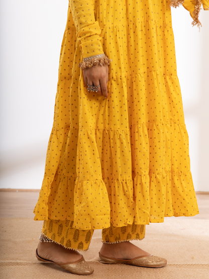 Yellow Hand Printed Cotton Kalidar Suit Set