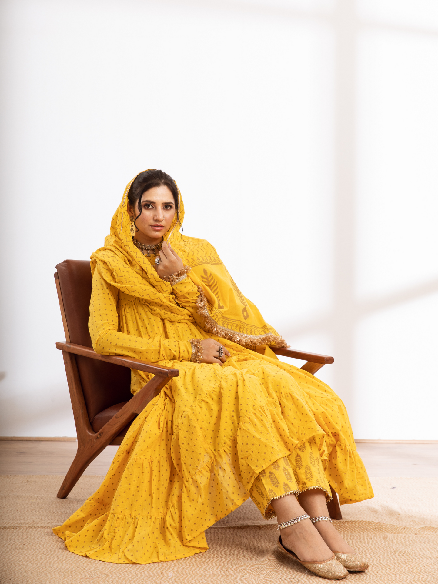 Yellow Hand Printed Cotton Kalidar Suit Set