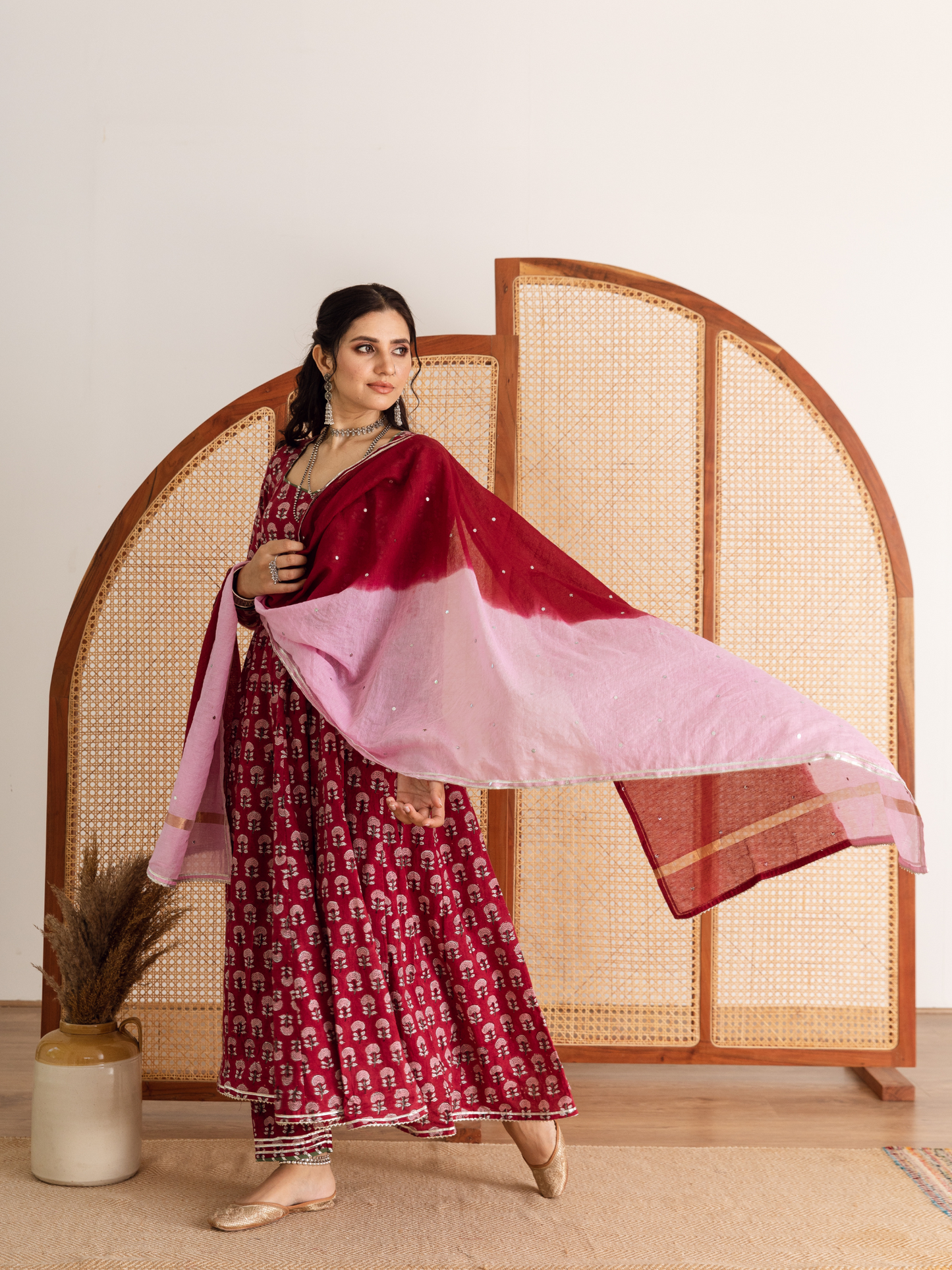 Gulaab Gainda Kalidar Set - Red Hand Block Printed Cotton Kalidar Set