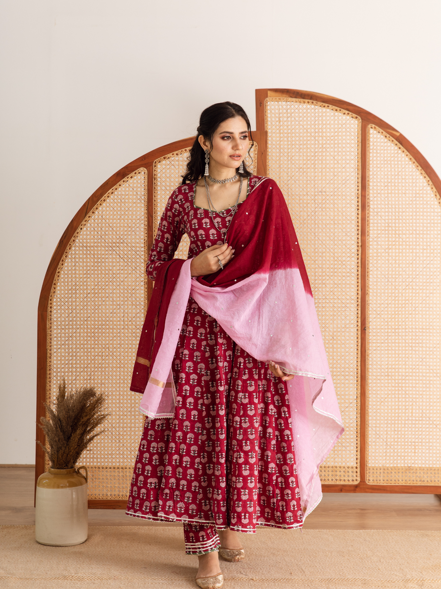 Gulaab Gainda Kalidar Set - Red Hand Block Printed Cotton Kalidar Set
