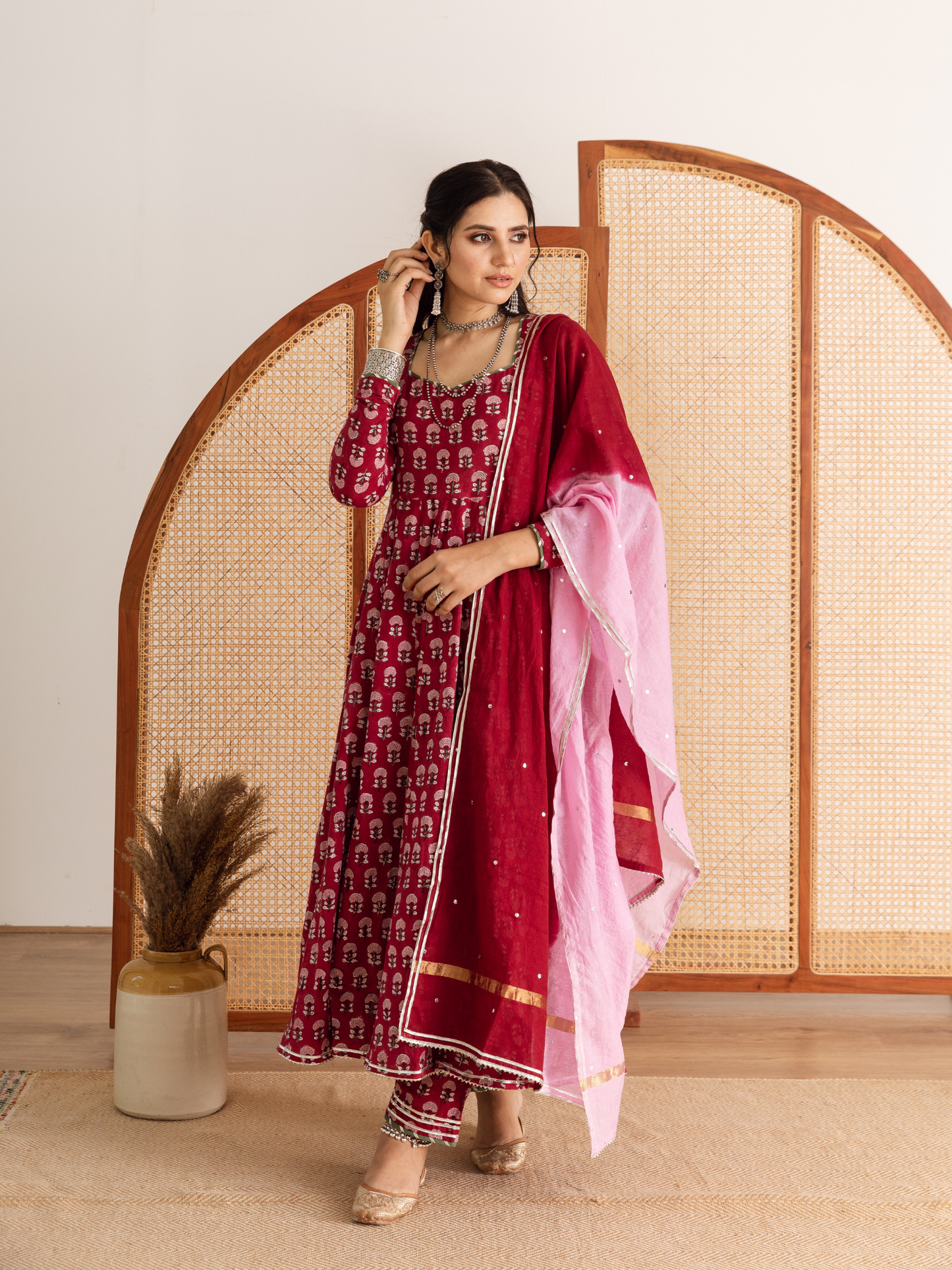 Gulaab Gainda Kalidar Set - Red Hand Block Printed Cotton Kalidar Set