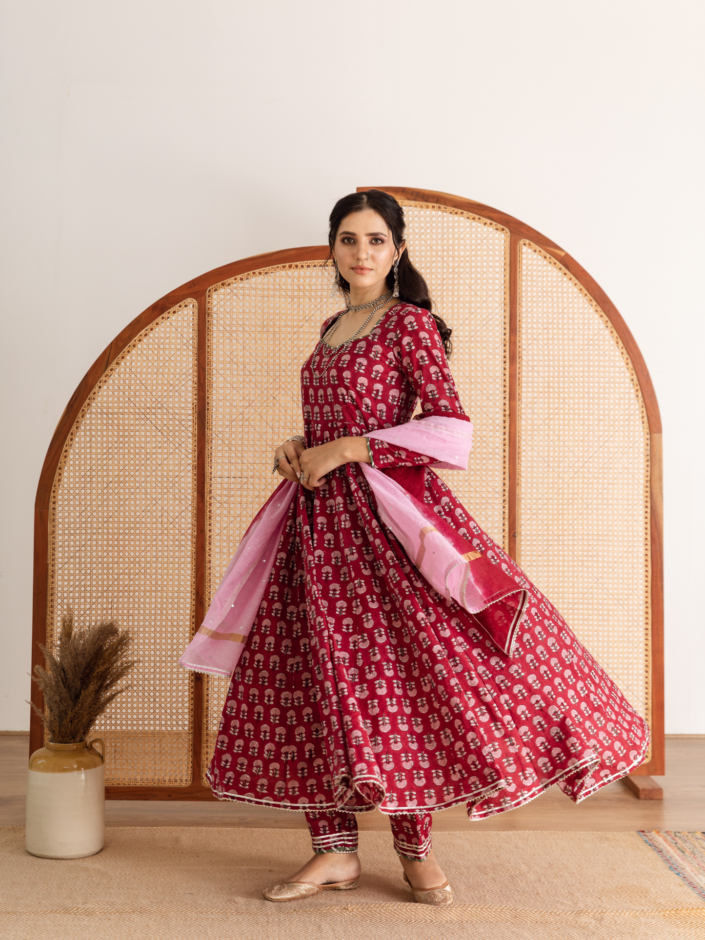 Gulaab Gainda Kalidar Set - Red Hand Block Printed Cotton Kalidar Set