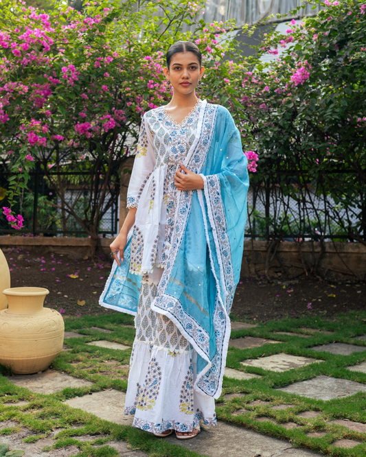 Ivory and Blue Block Printed Sharara Set