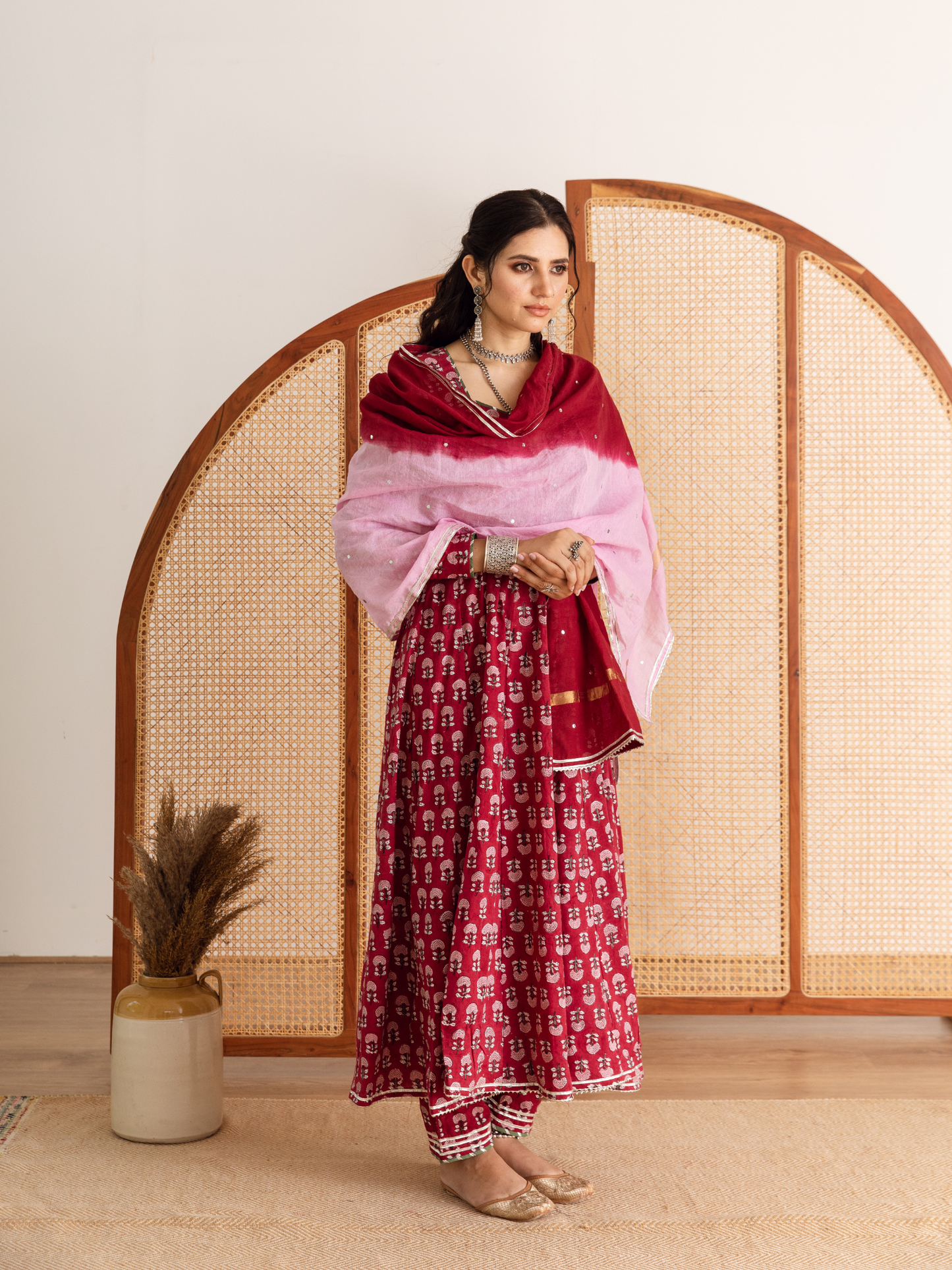 Gulaab Gainda Kalidar Set - Red Hand Block Printed Cotton Kalidar Set