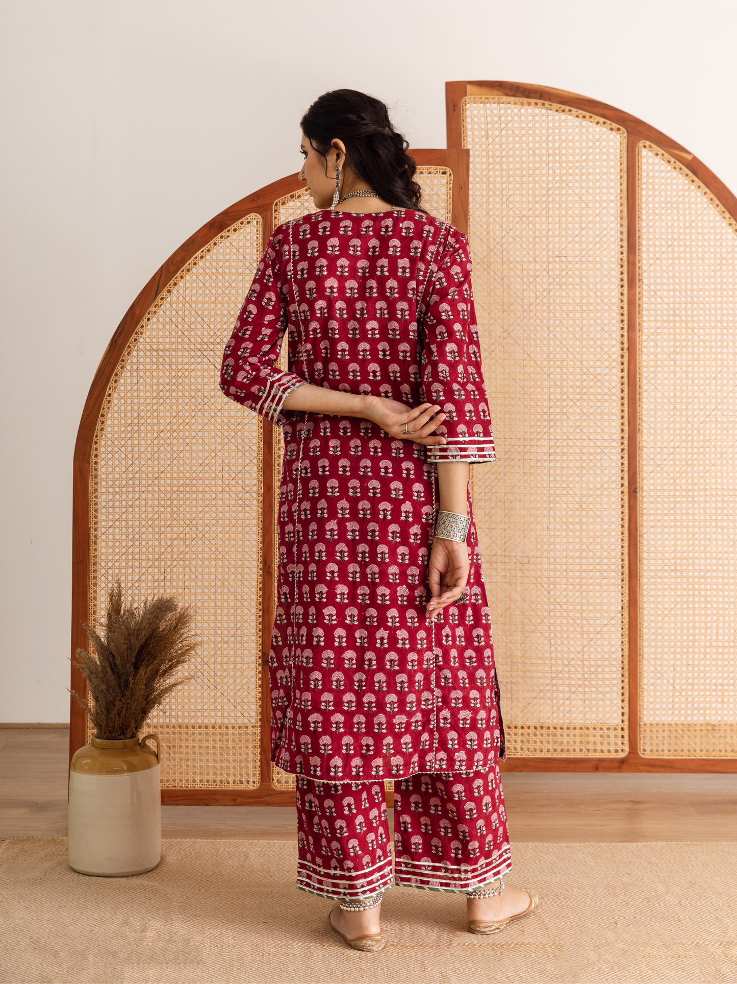 Red Hand Block Printed Cotton Kurta Set
