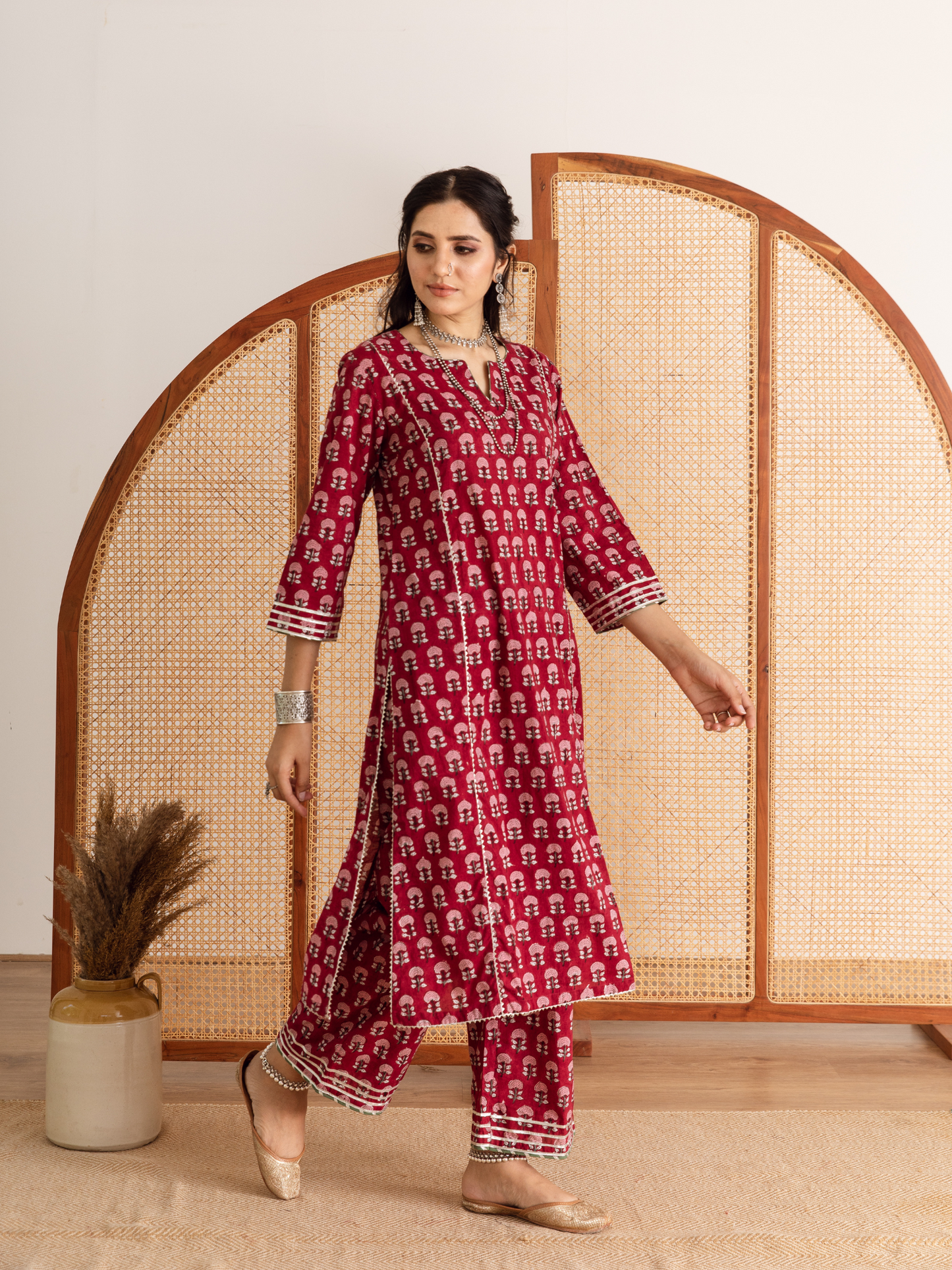 Red Hand Block Printed Cotton Kurta Set