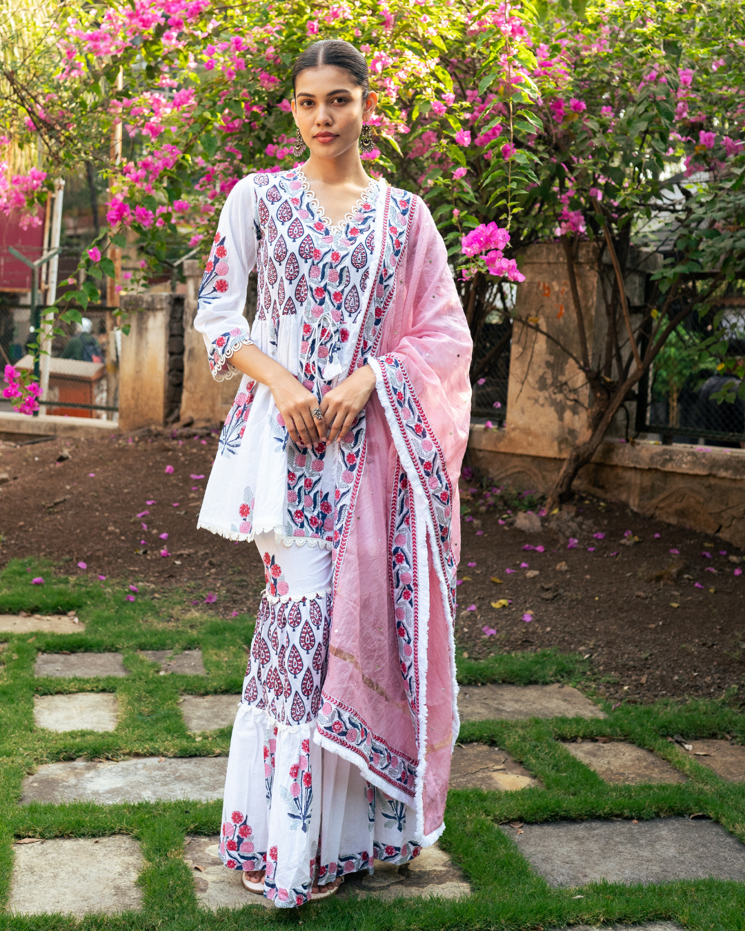 Ivory and Pink Block Printed Sharara Set