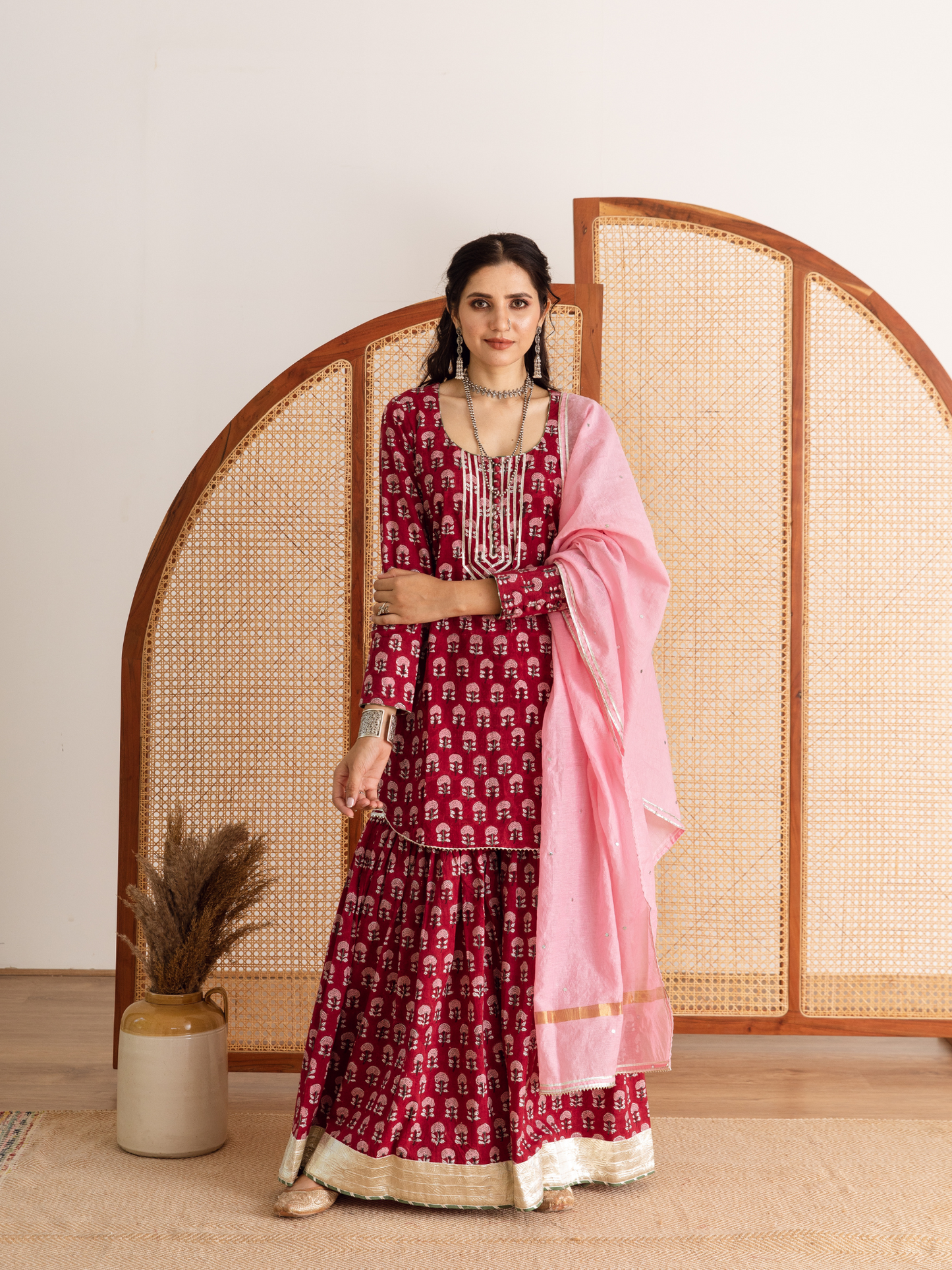 Red Hand Block Printed Cotton Sharara Set
