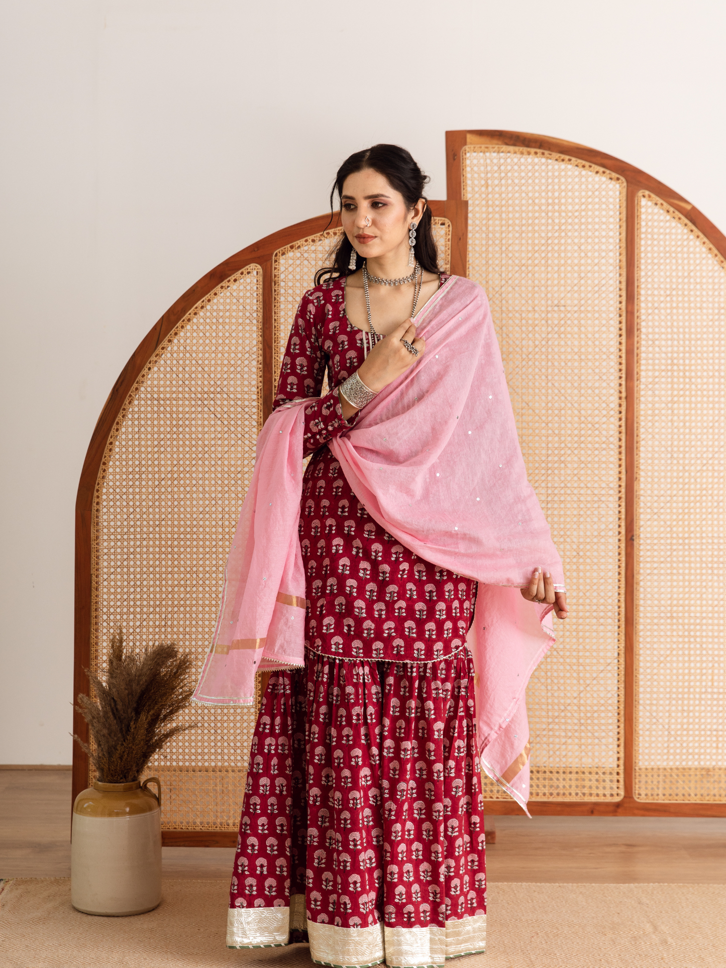 Red Hand Block Printed Cotton Sharara Set