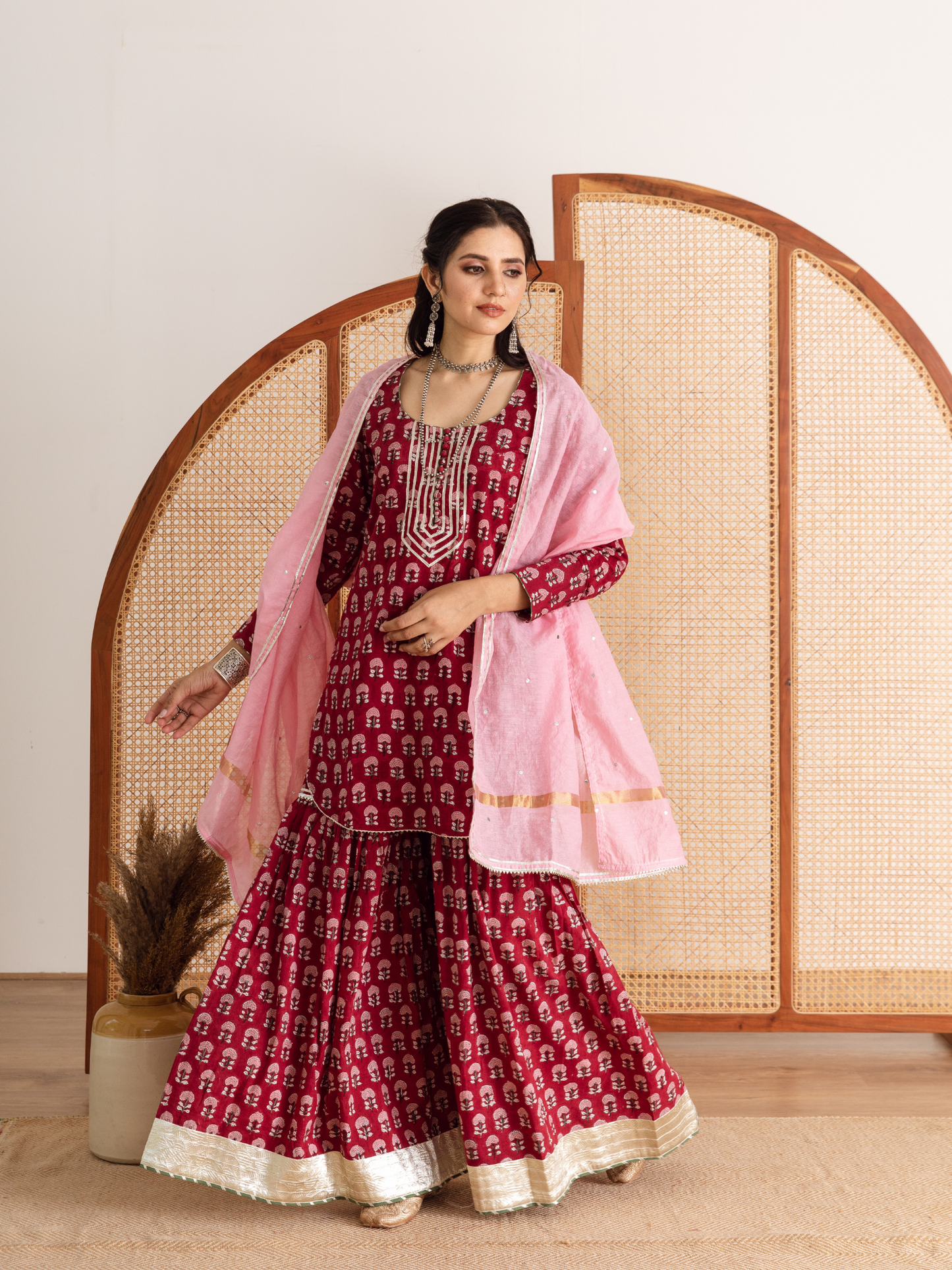 Red Hand Block Printed Cotton Sharara Set