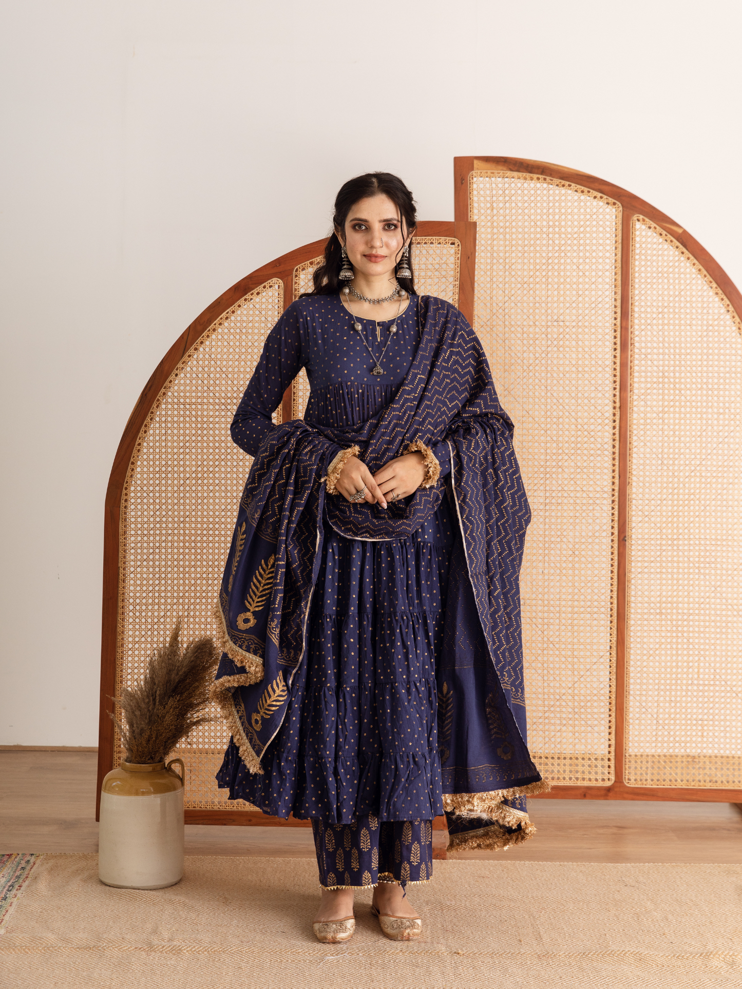 Blue Printed Cotton Kalidar Suit Set