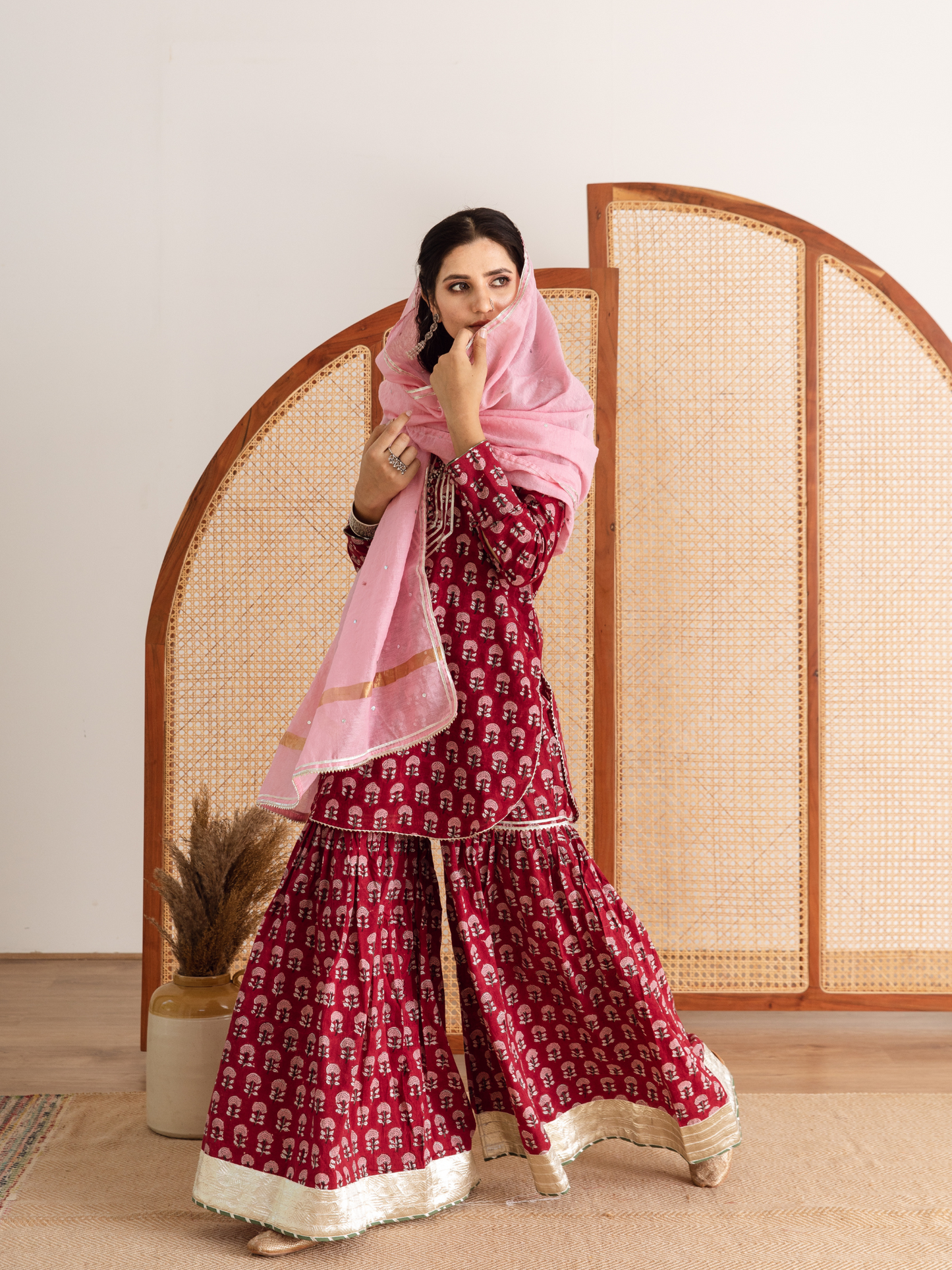 Red Hand Block Printed Cotton Sharara Set