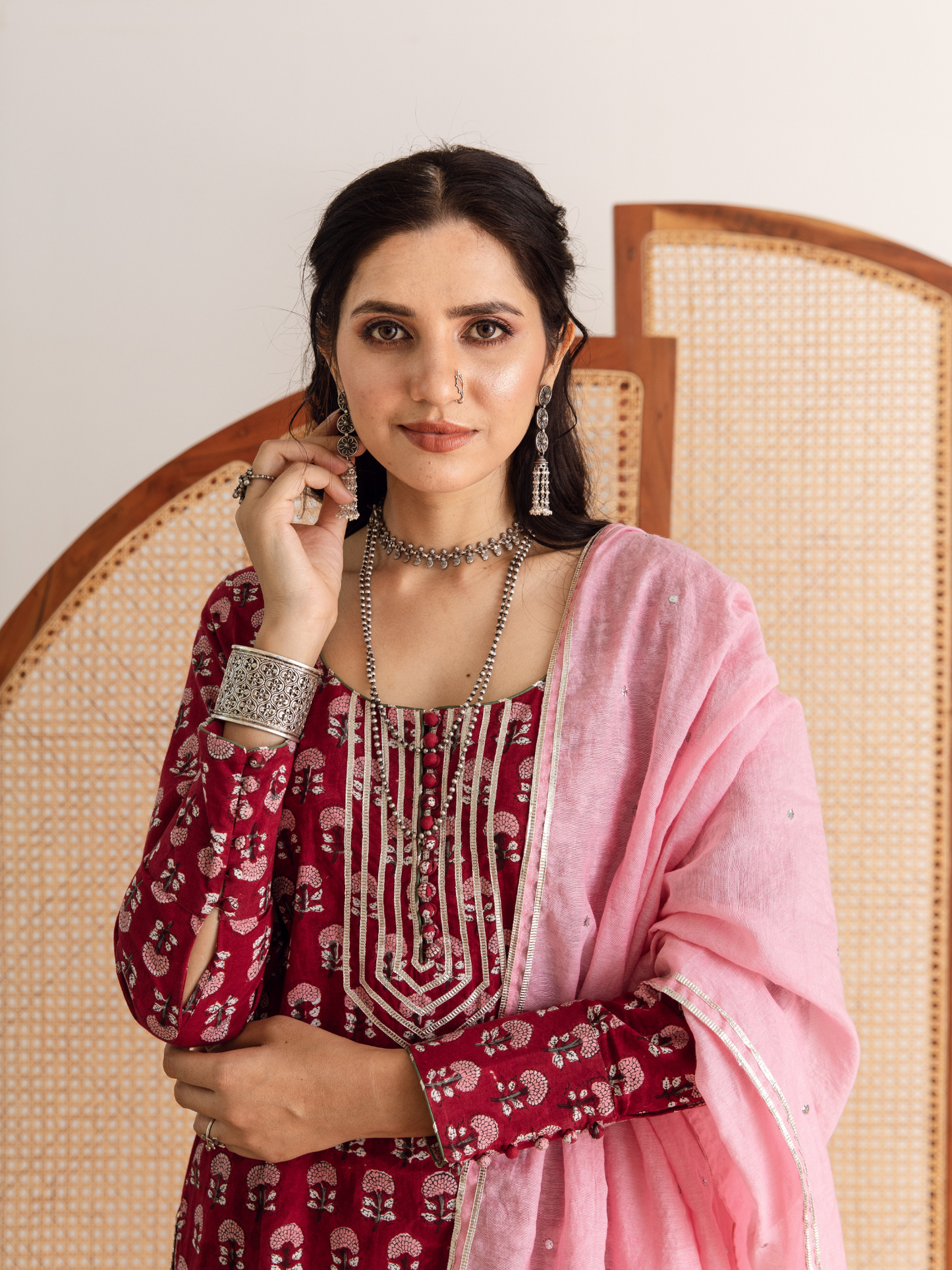 Red Hand Block Printed Cotton Sharara Set