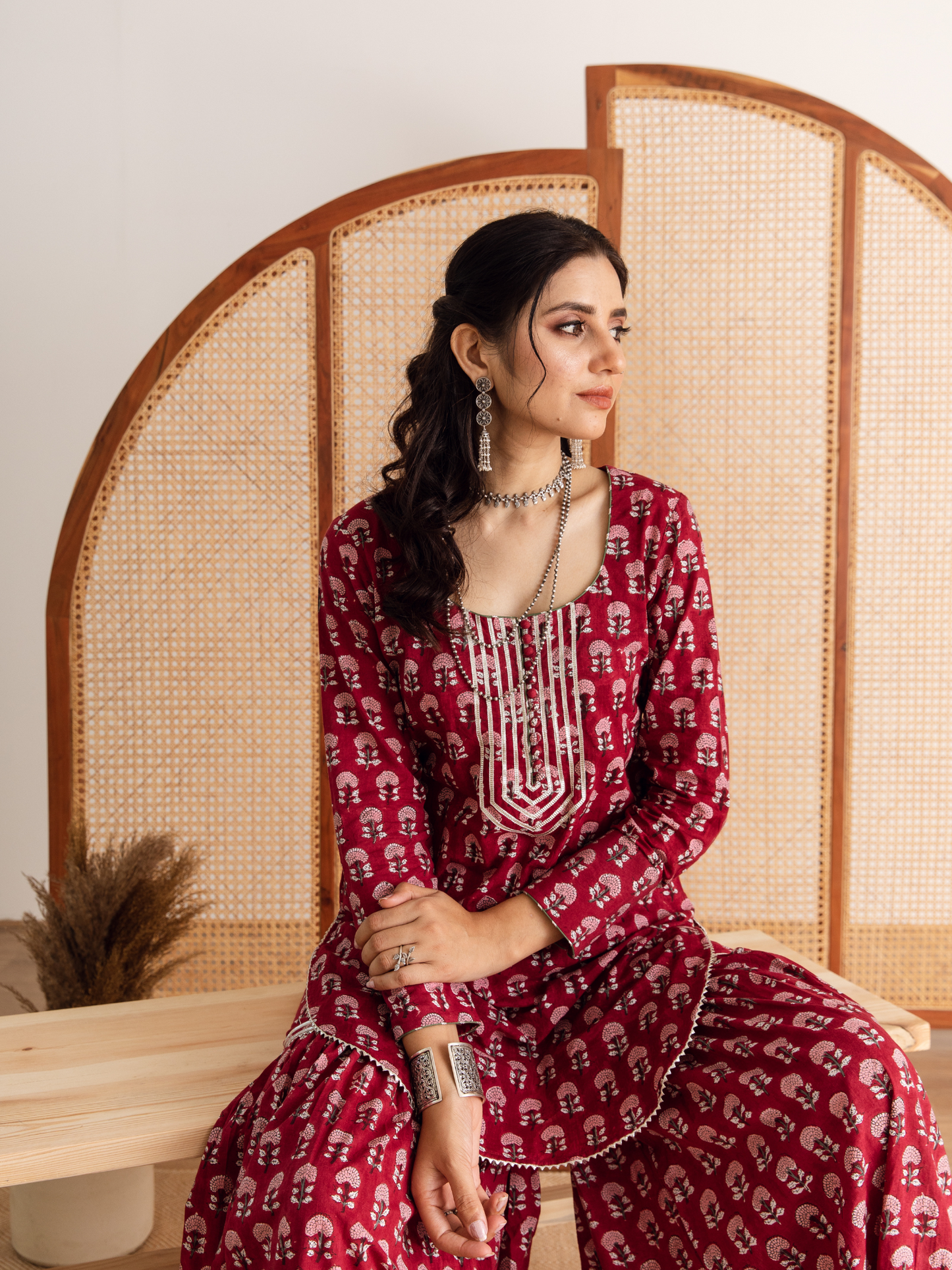 Red Hand Block Printed Cotton Sharara Set