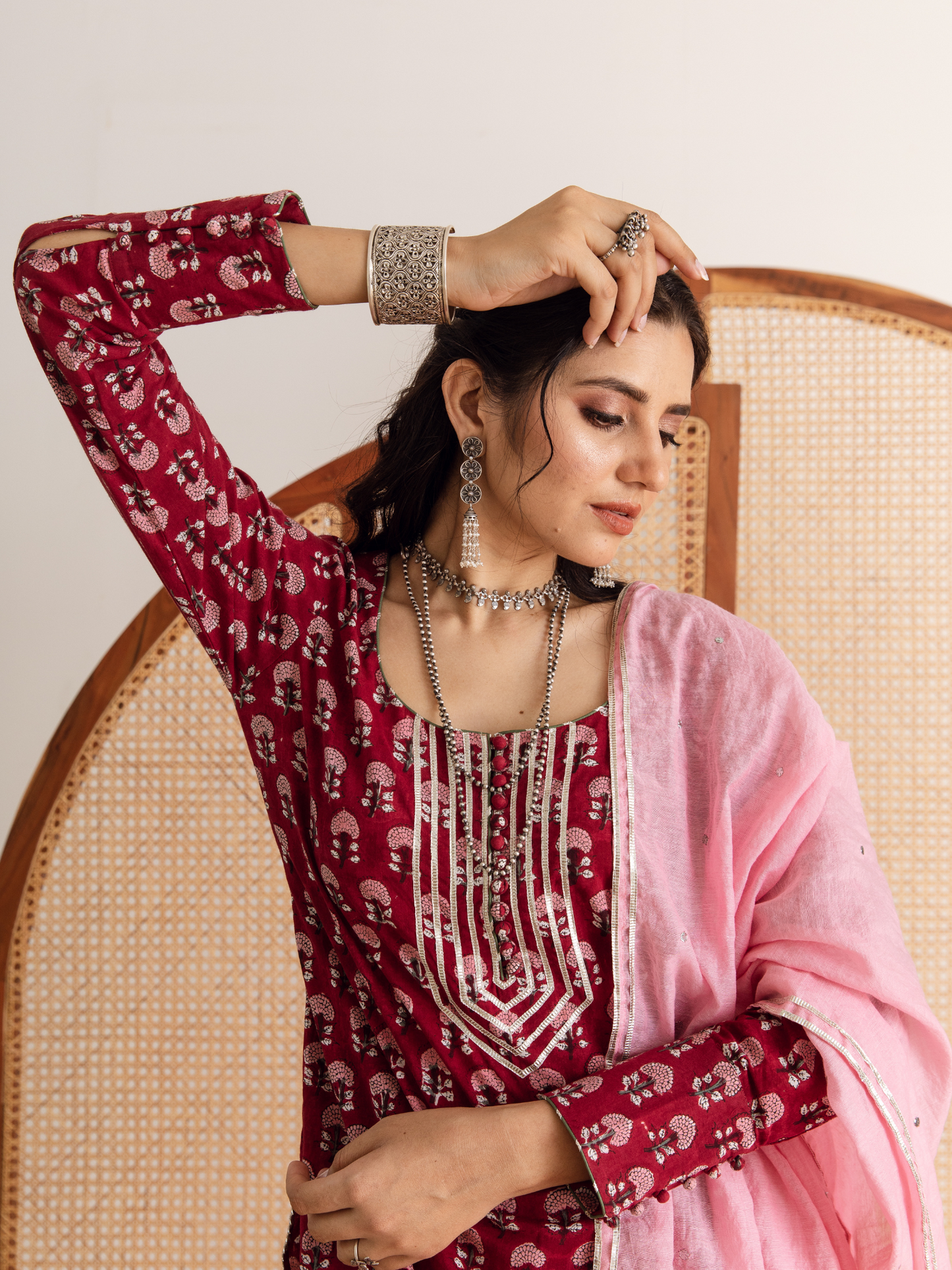 Red Hand Block Printed Cotton Sharara Set