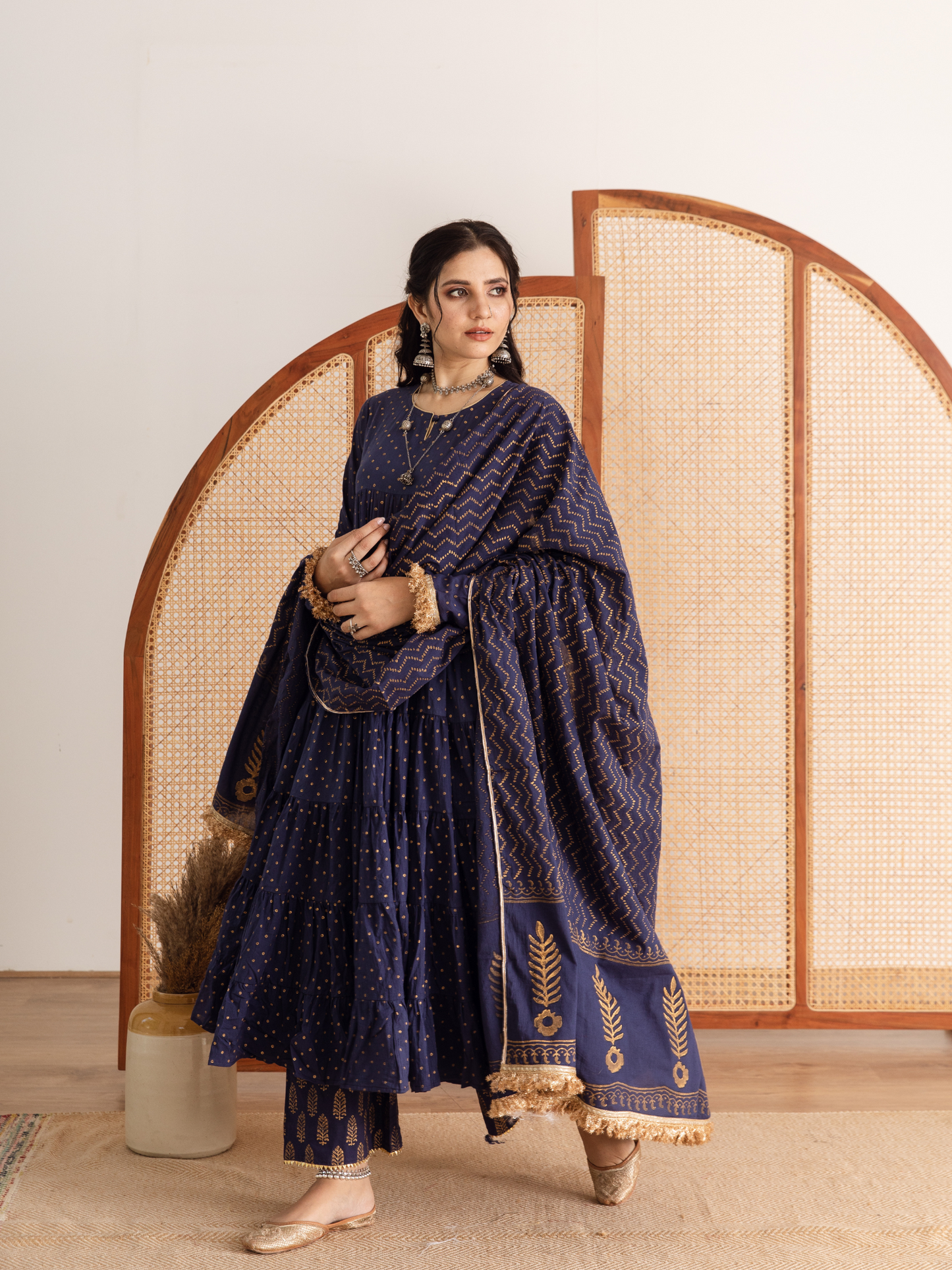 Blue Printed Cotton Kalidar Suit Set