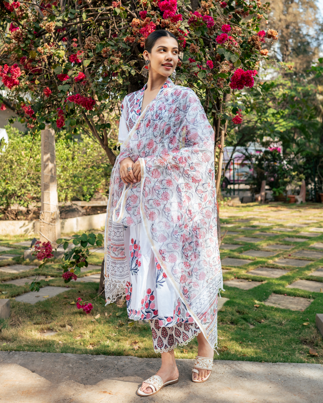 Ivory and Pink Hand Block Printed Suit Set