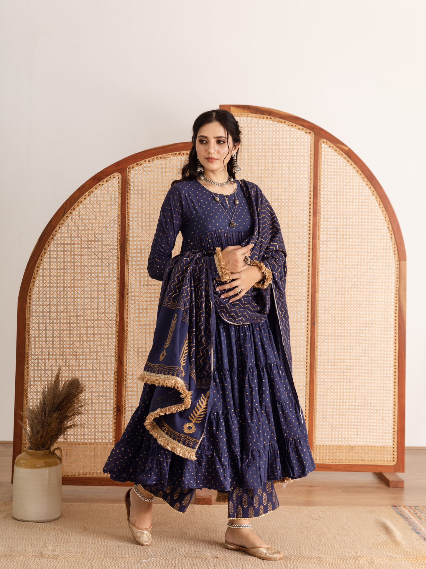 Blue Printed Cotton Kalidar Suit Set