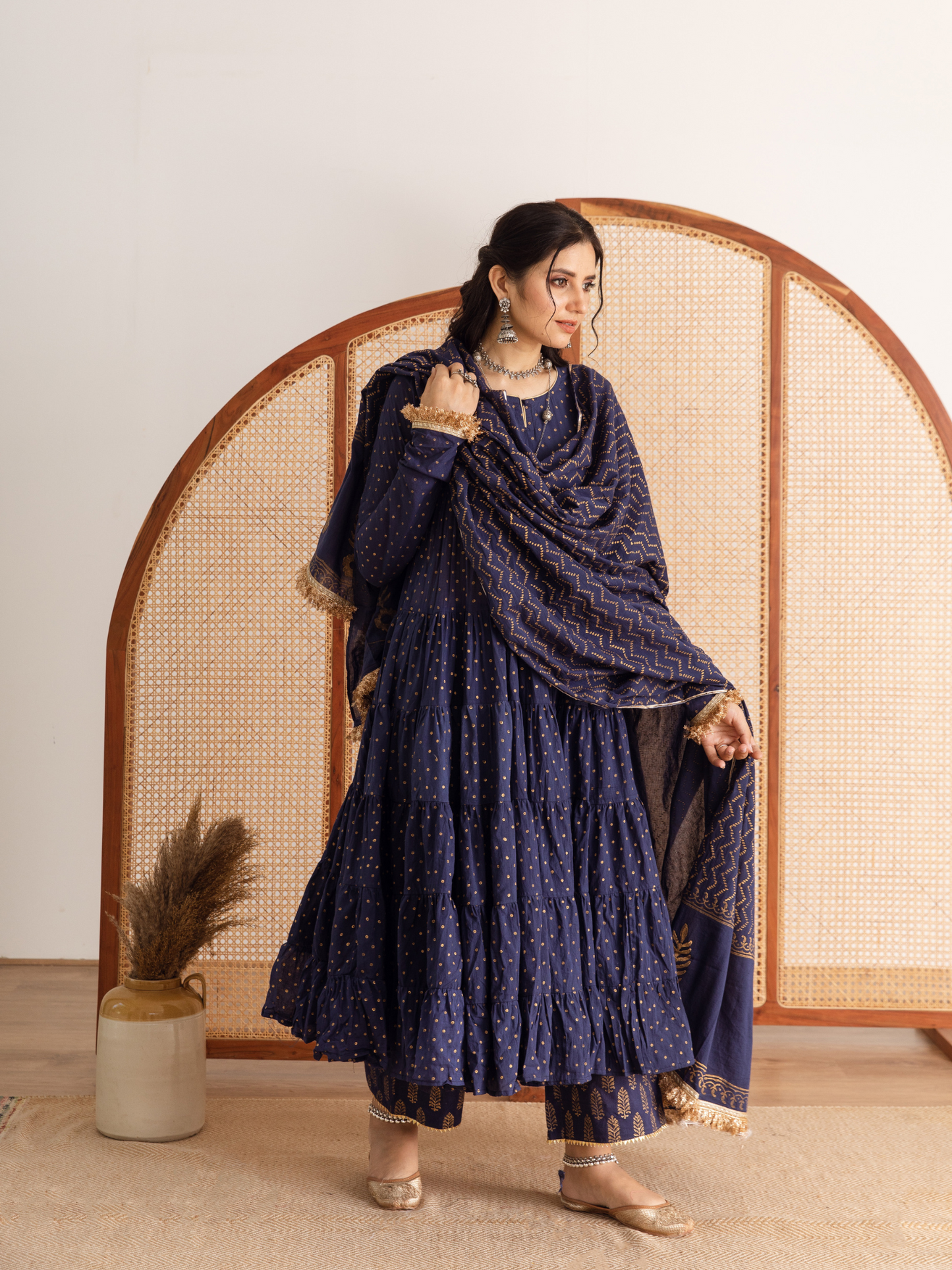 Blue Printed Cotton Kalidar Suit Set