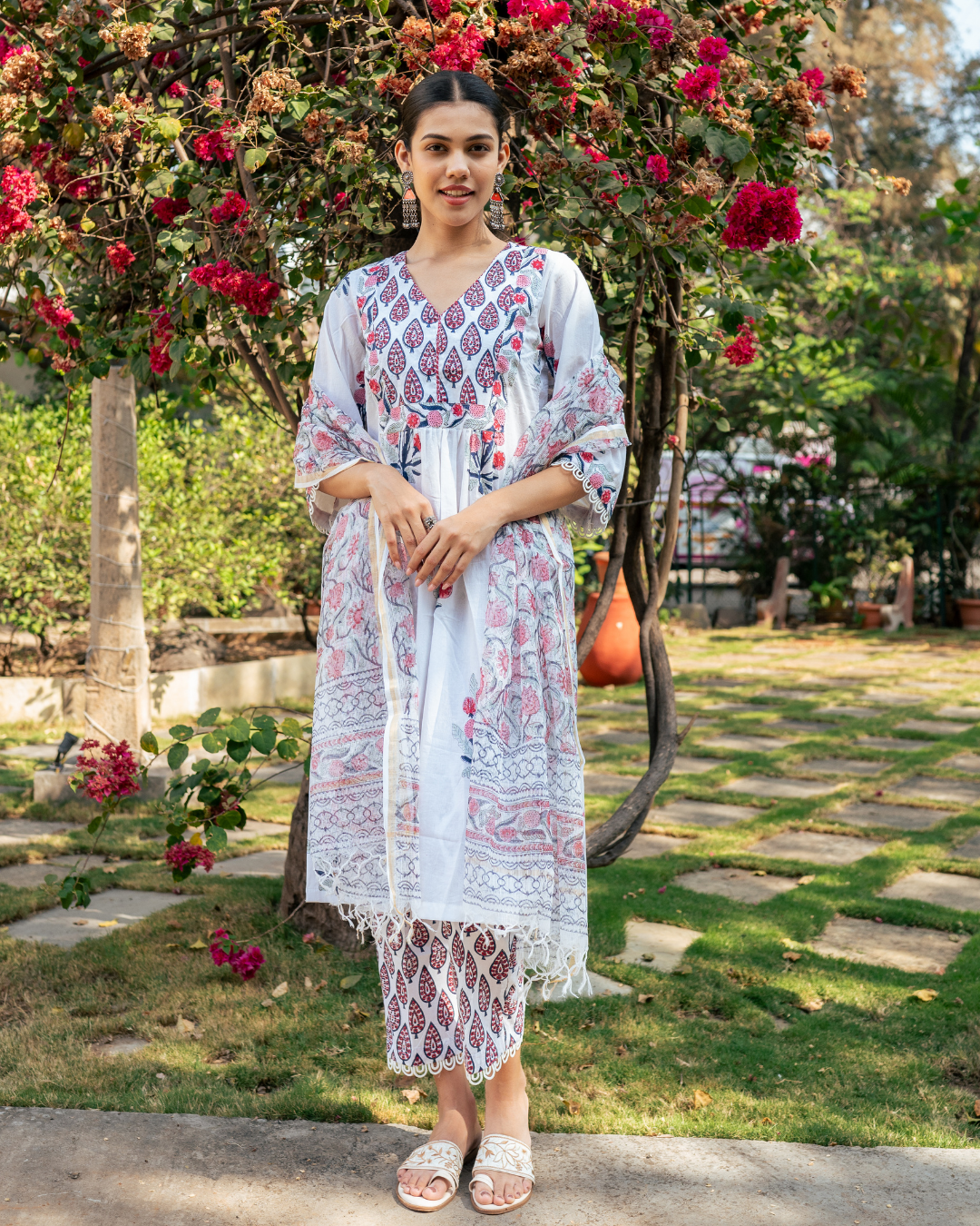 Ivory and Pink Hand Block Printed Kurta Set
