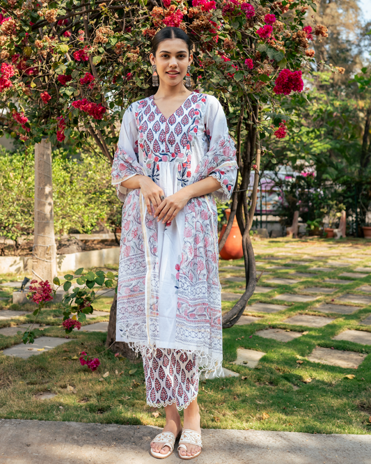 Ivory and Pink Hand Block Printed Kurta Set