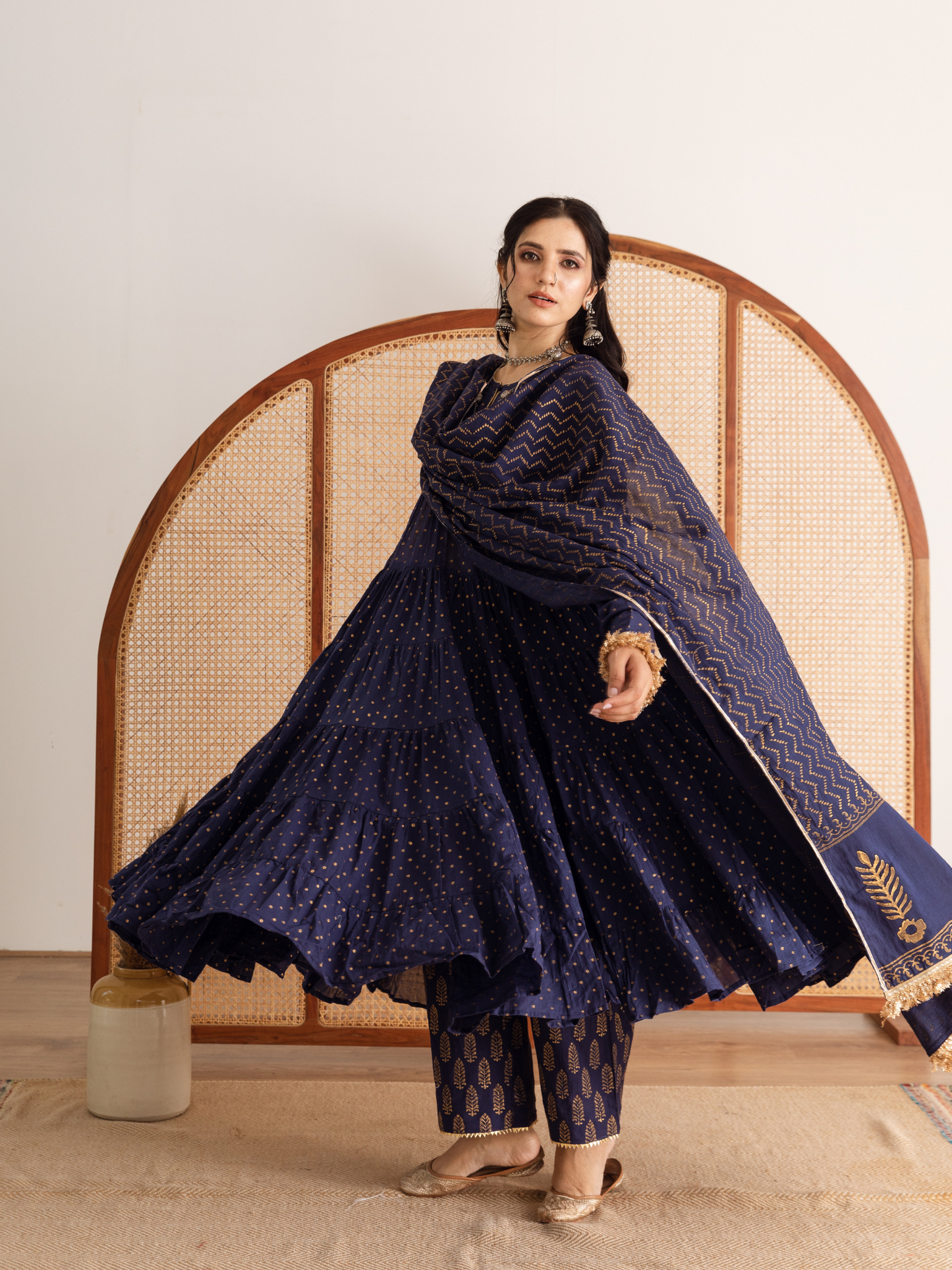 Blue Printed Cotton Kalidar Suit Set