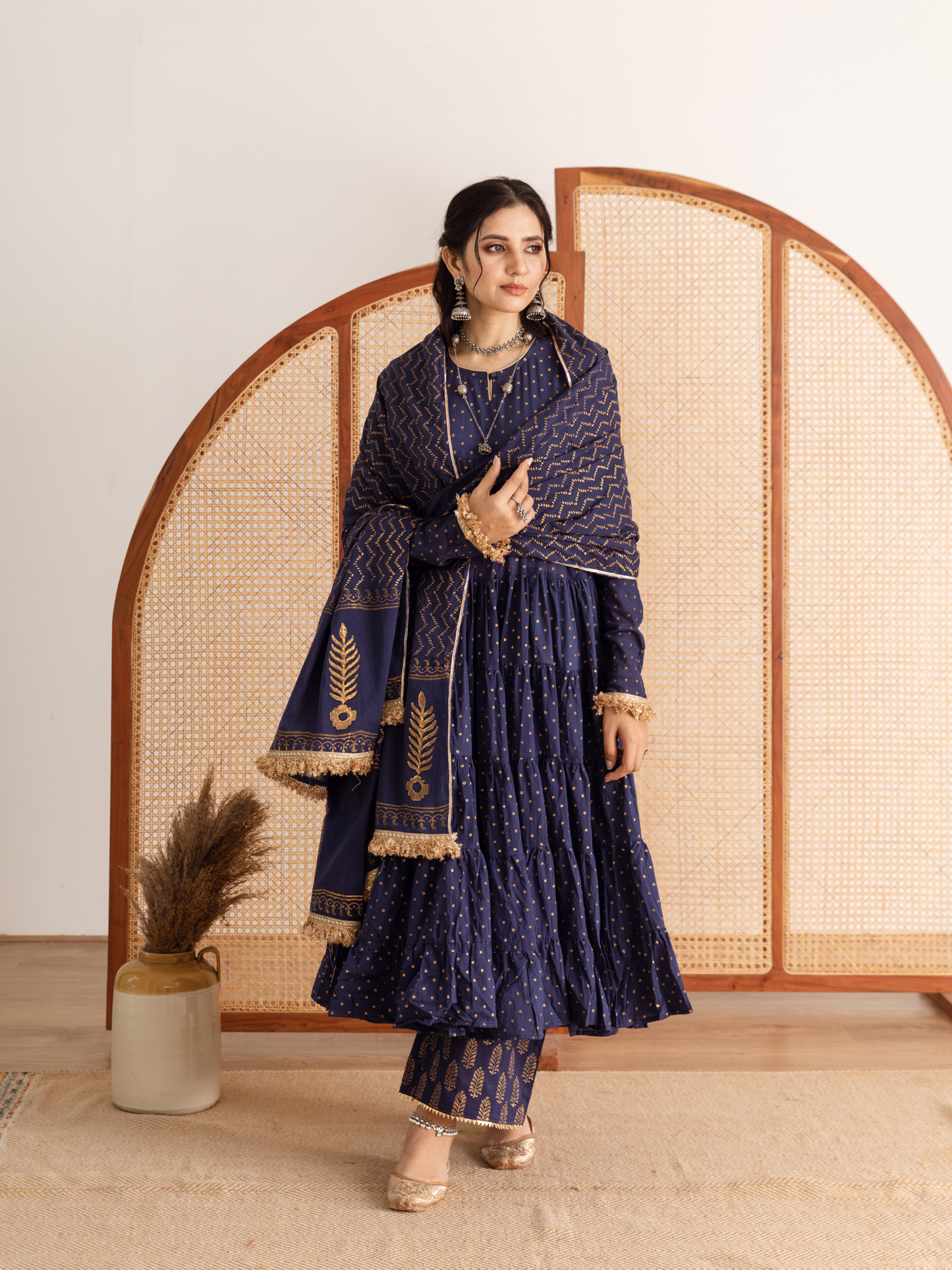 Blue Printed Cotton Kalidar Suit Set