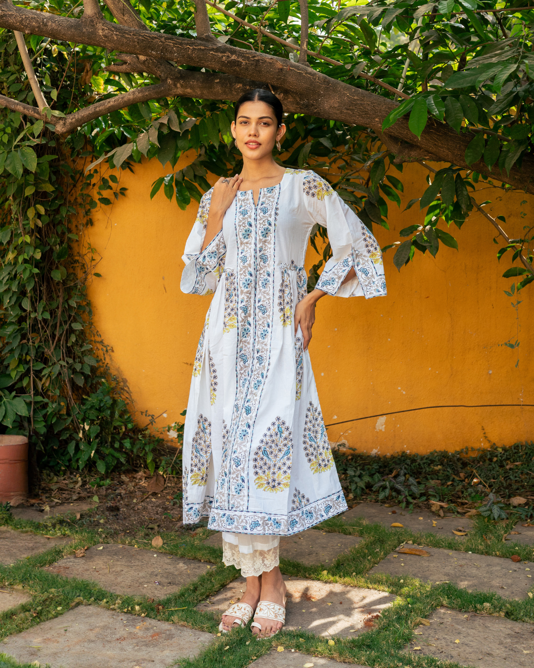 Blue and Ivory Hand Block Printed Bhopali Kurta Set