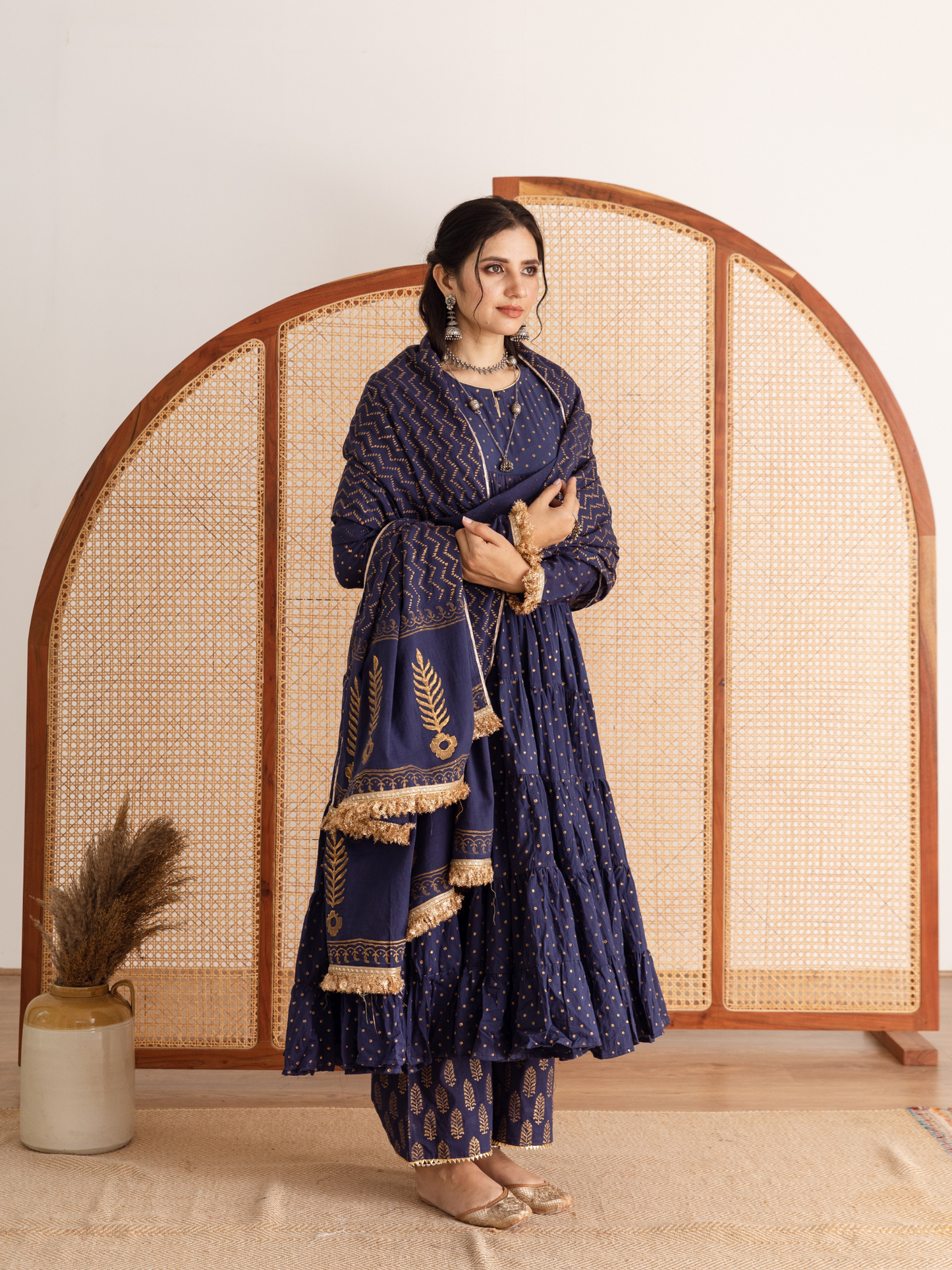 Blue Printed Cotton Kalidar Suit Set