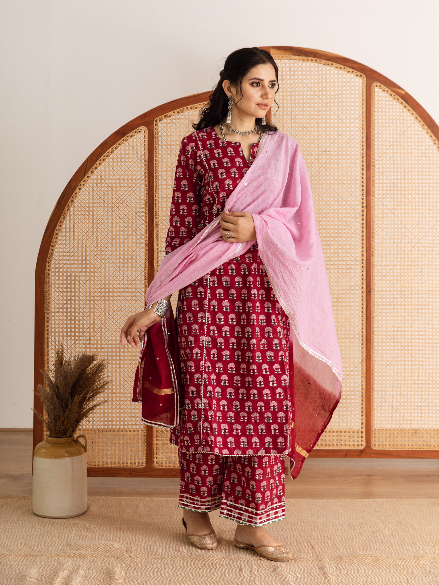 Red Hand Block Printed Cotton Kurta Set