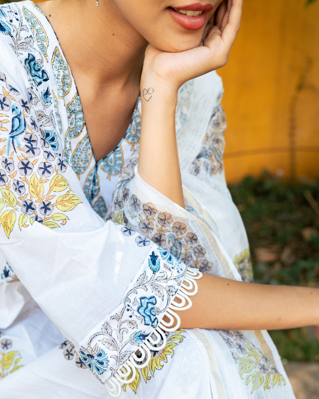 Ivory and Blue Hand Block Printed Kurta Set