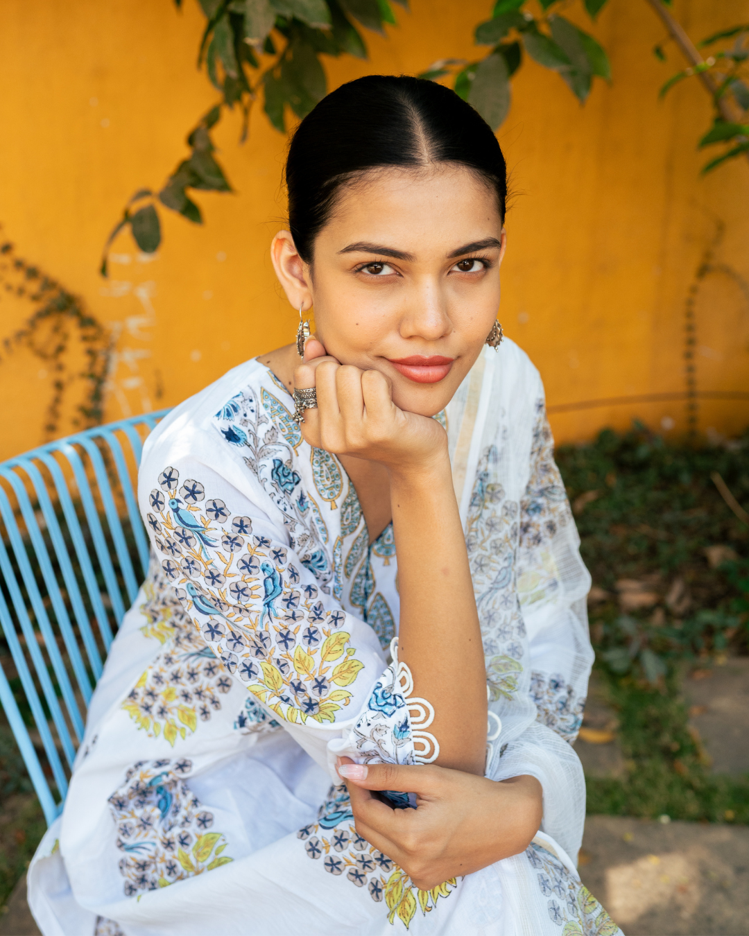 Ivory and Blue Hand Block Printed Kurta Set