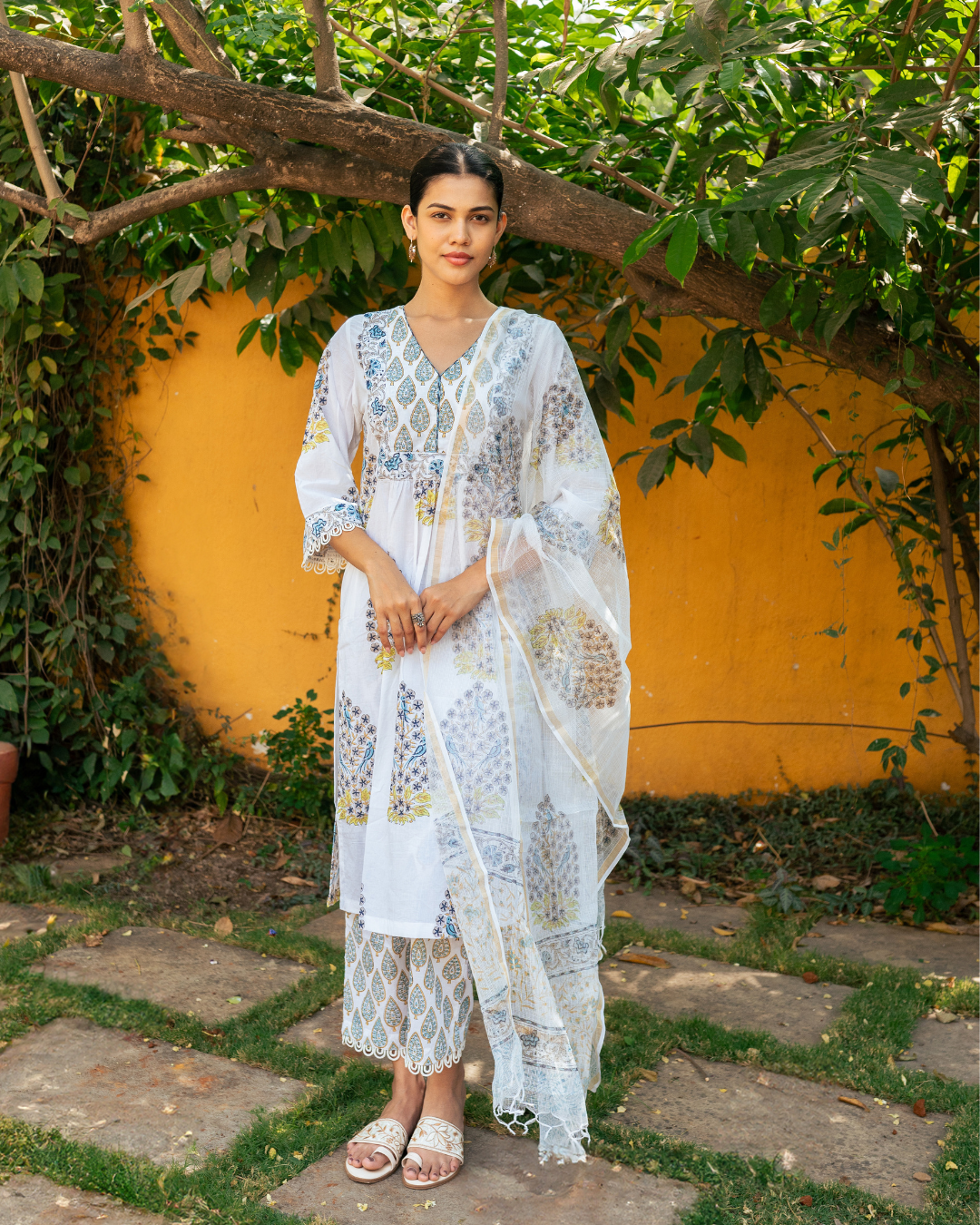 Ivory and Blue Hand Block Printed Kurta Set