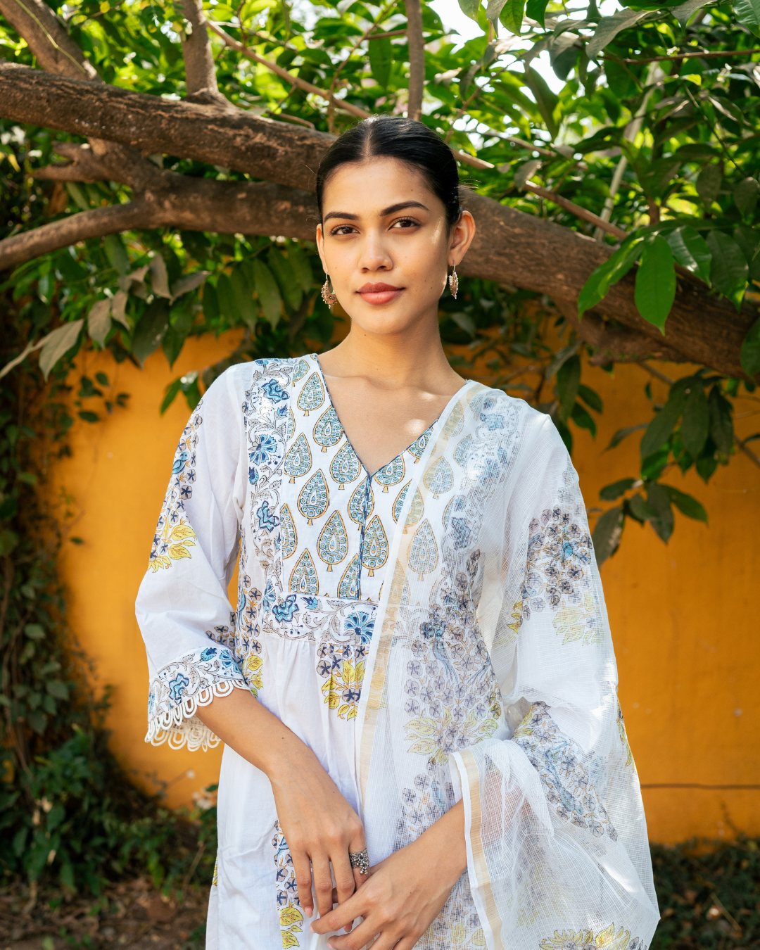 Ivory and Blue Hand Block Printed Kurta Set