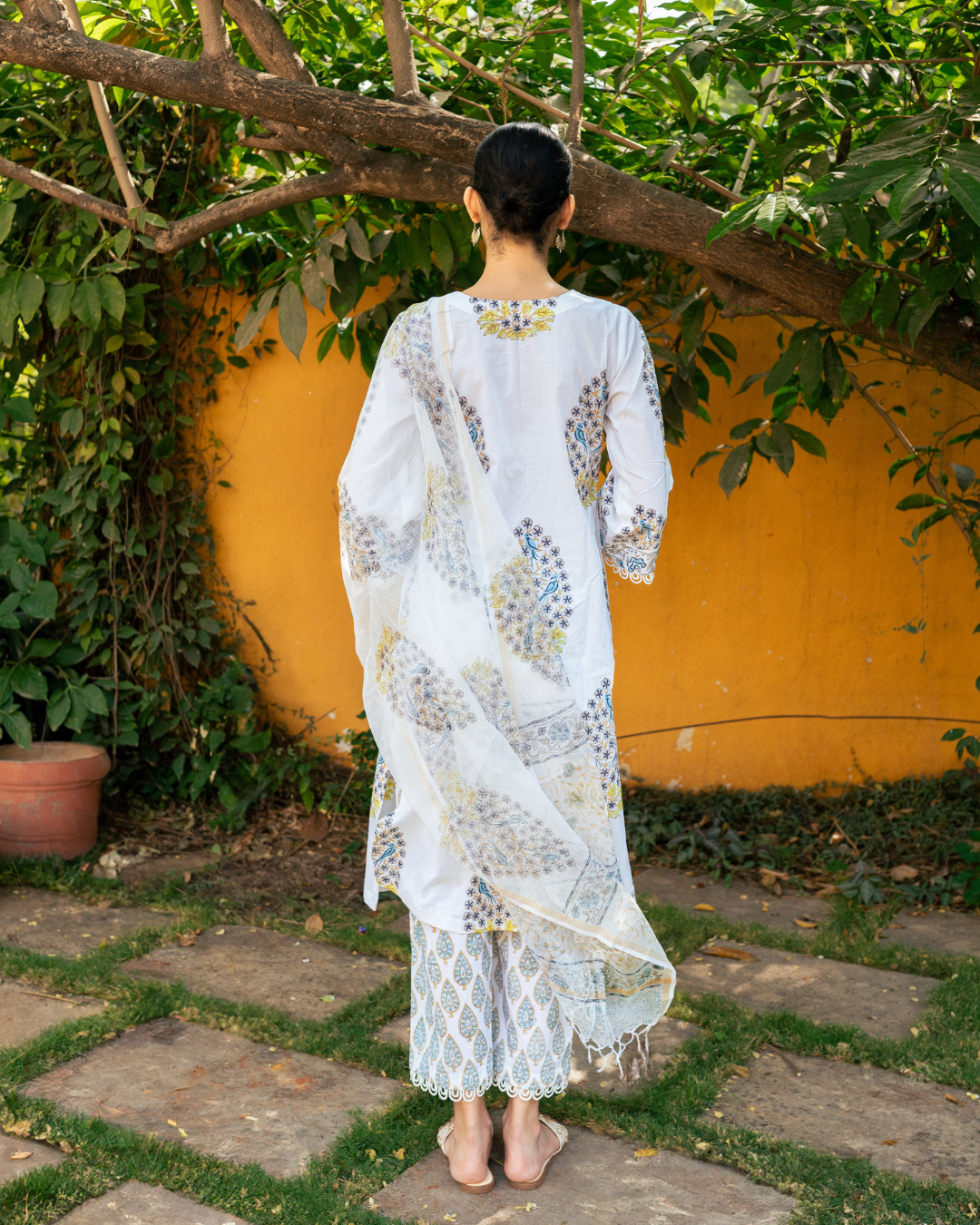 Ivory and Blue Hand Block Printed Kurta Set