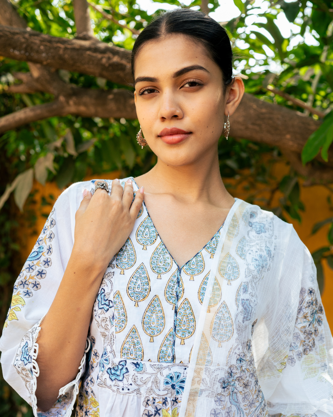 Ivory and Blue Hand Block Printed Kurta Set