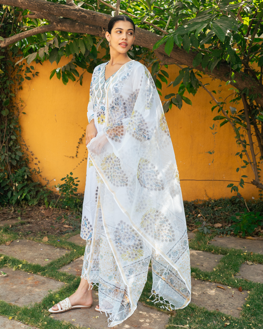 Ivory and Blue Hand Block Printed Kurta Set