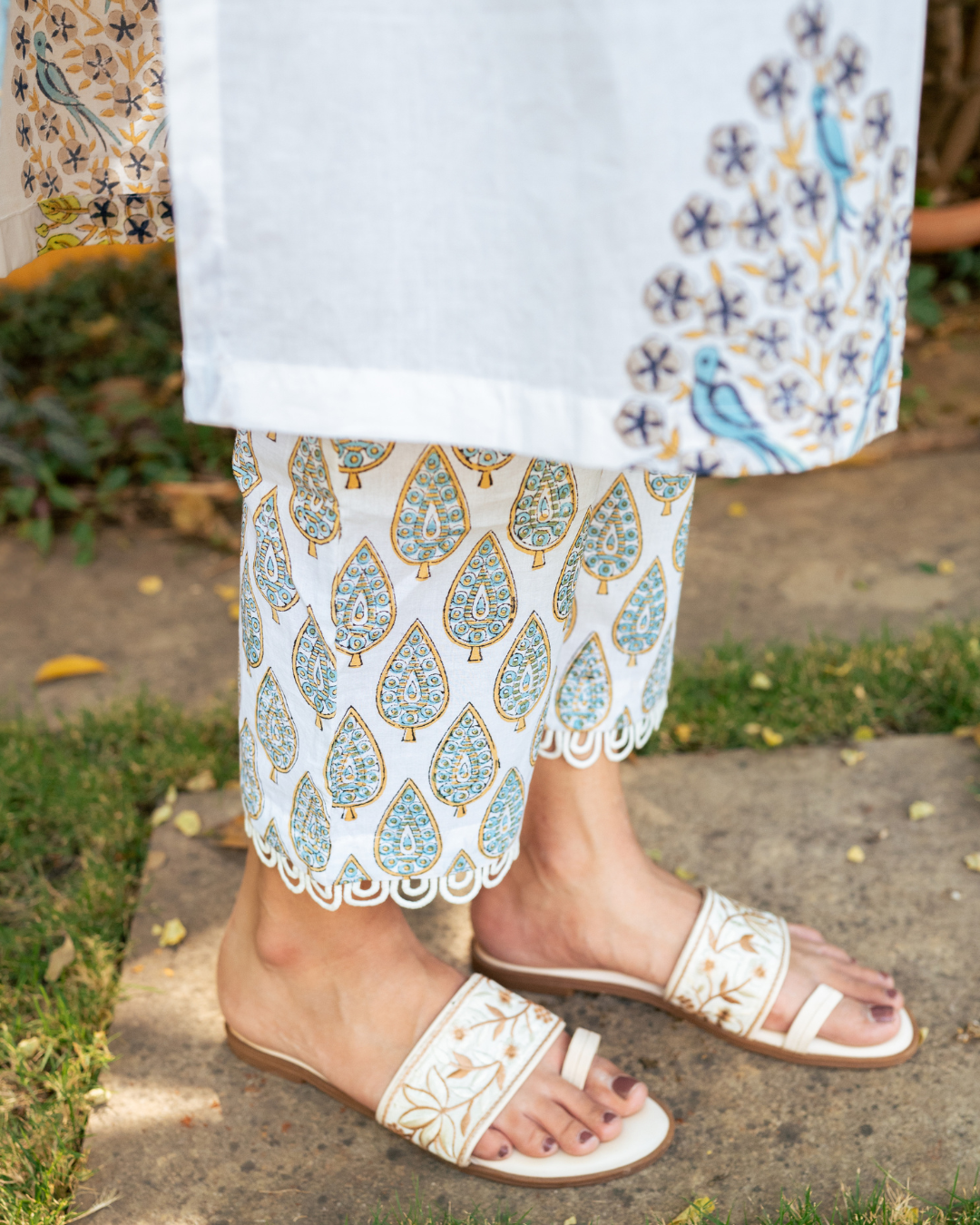 Ivory and Blue Hand Block Printed Kurta Set