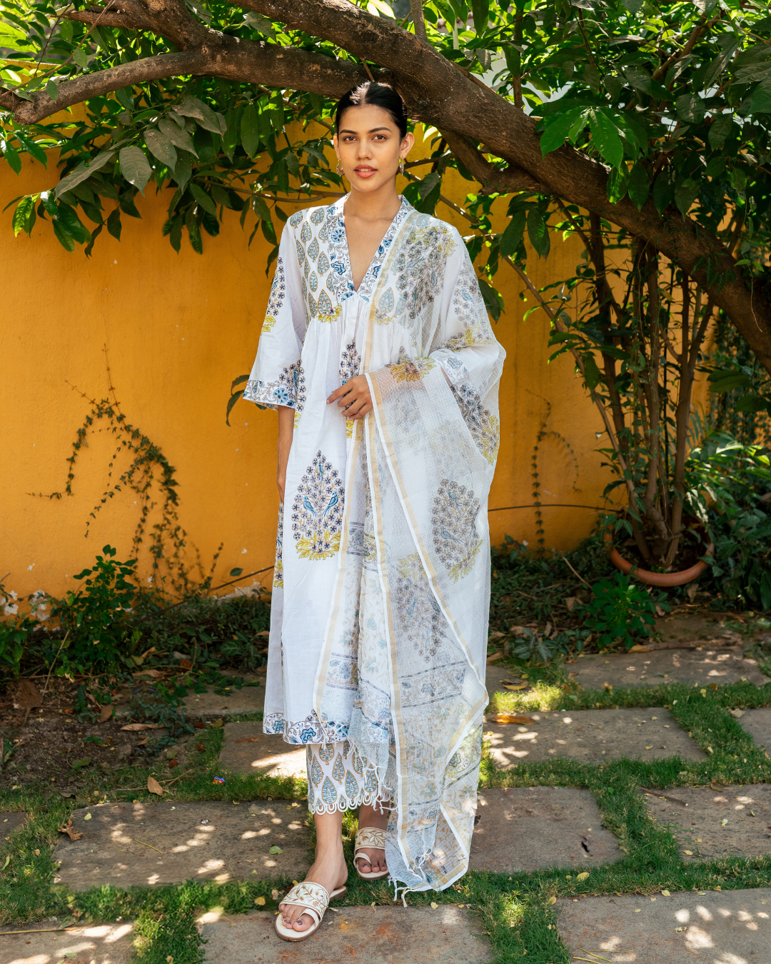 Ivory and Blue Hand Block Printed Suit Set