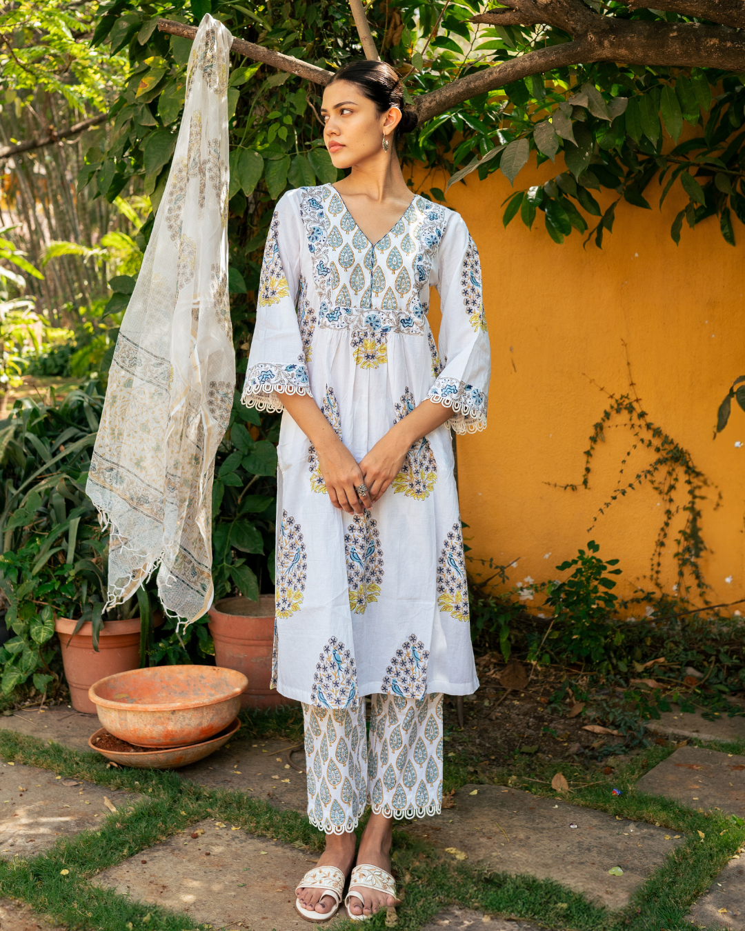 Ivory and Blue Hand Block Printed Kurta Set