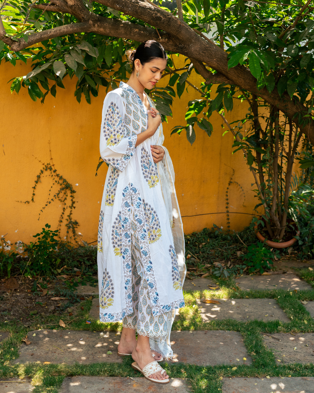 Ivory and Blue Hand Block Printed Suit Set
