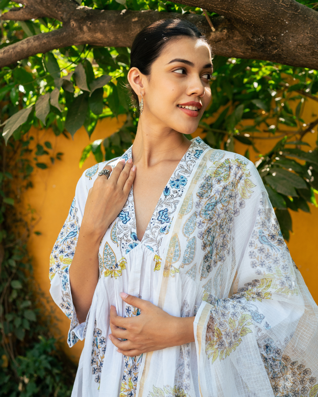 Ivory and Blue Hand Block Printed Suit Set