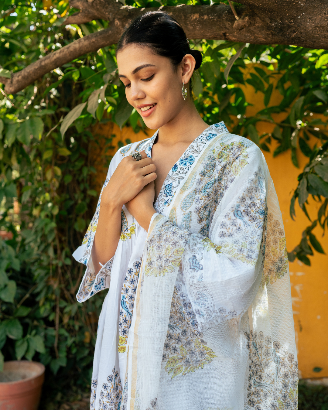 Ivory and Blue Hand Block Printed Suit Set