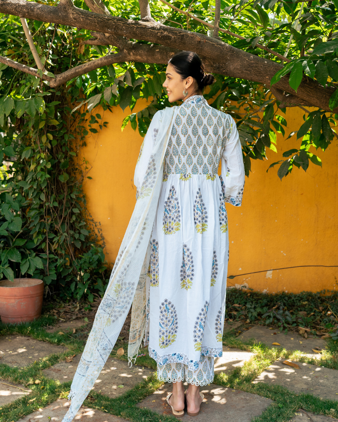 Ivory and Blue Hand Block Printed Suit Set