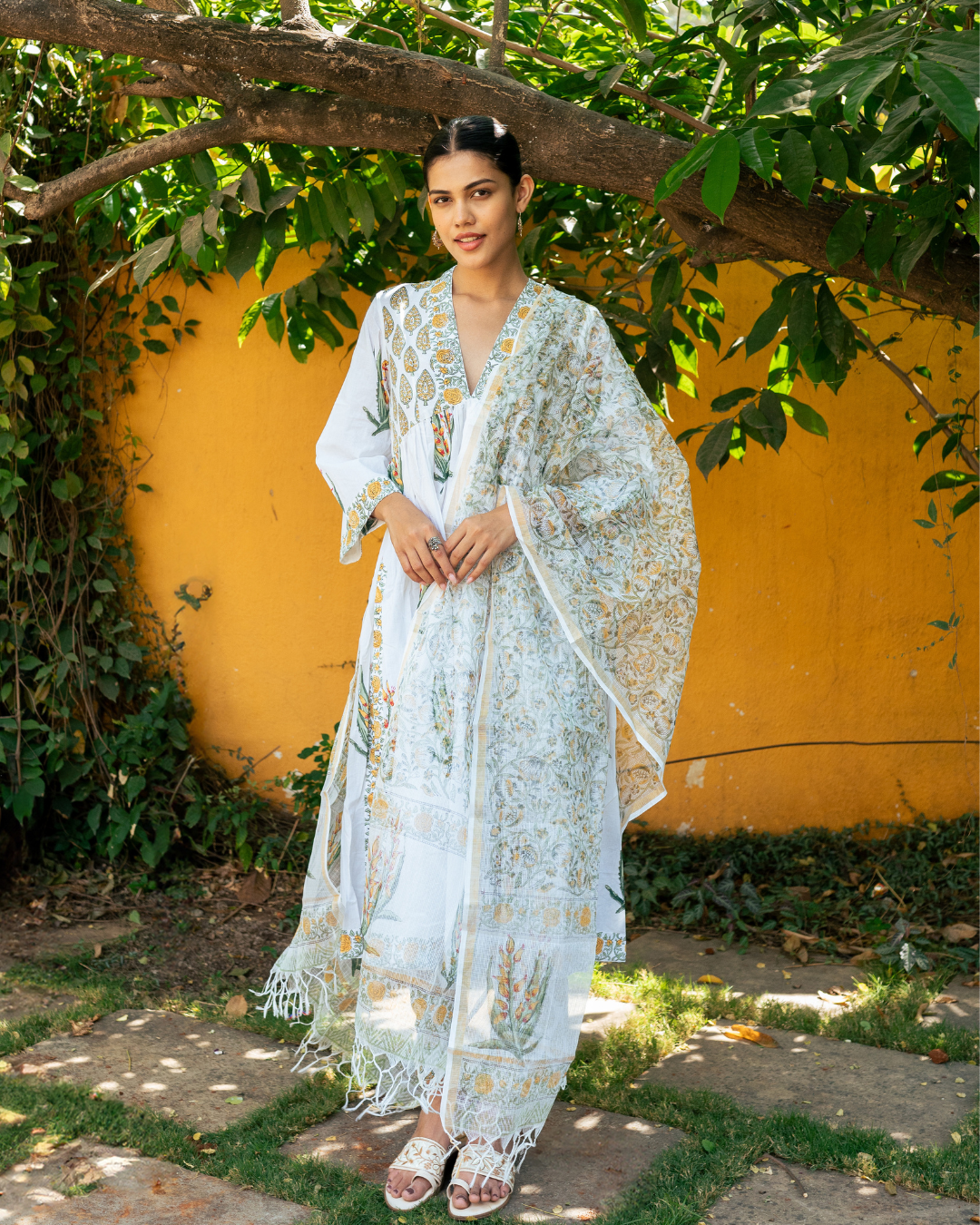Ivory and Yellow Hand Block Printed Suit Set
