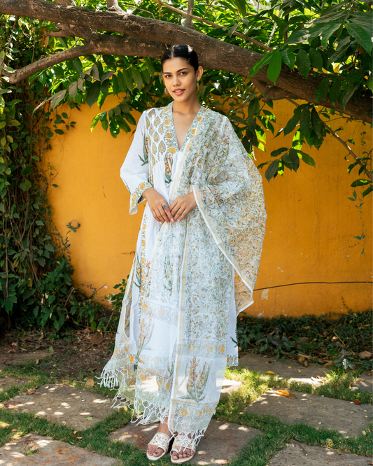 Ivory and Yellow Hand Block Printed Suit Set