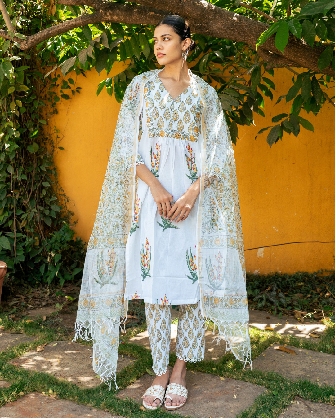 Ivory and Yellow Hand Block Printed Kurta Set
